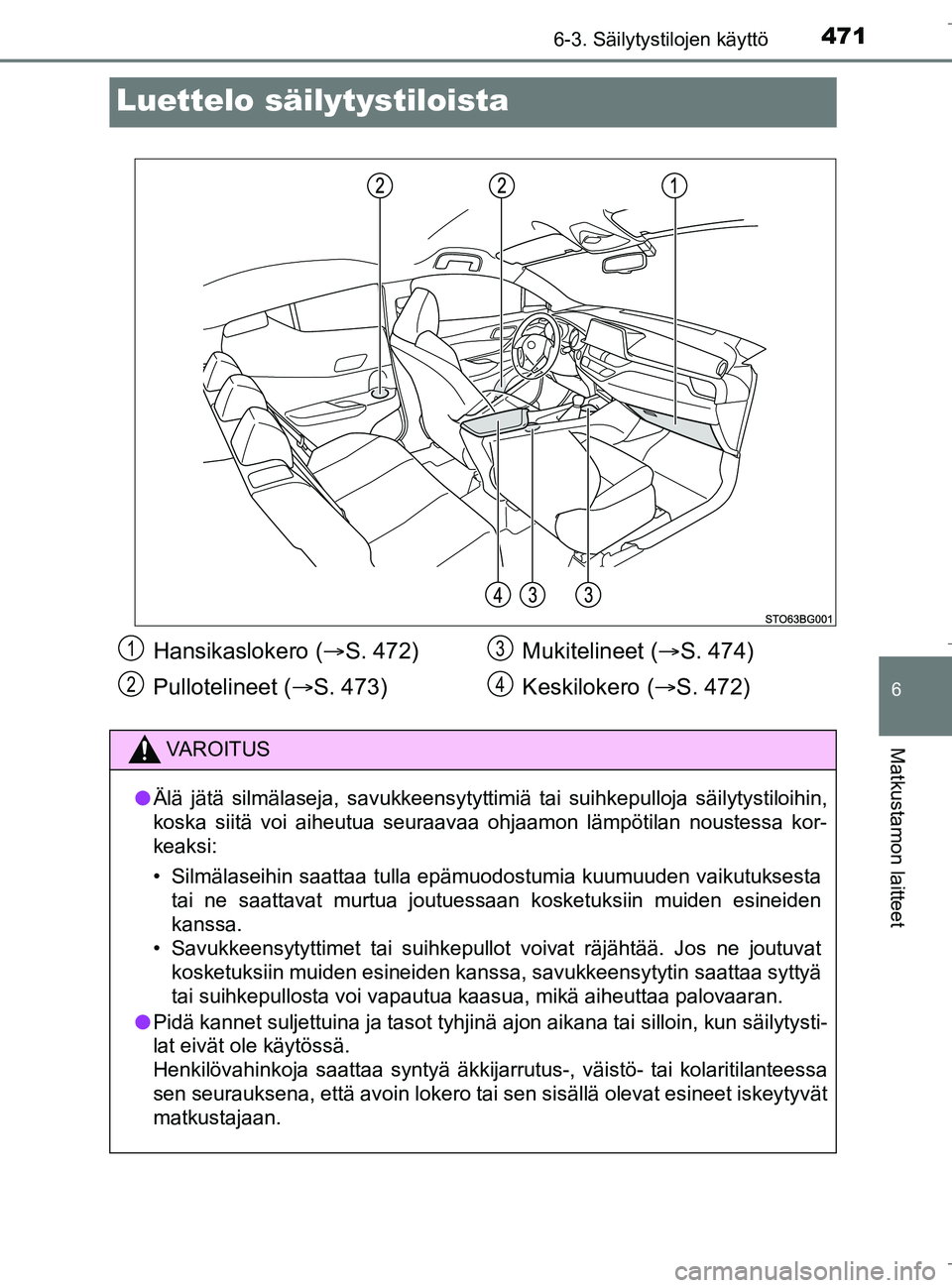 TOYOTA C_HR HYBRID 2017  Omistajan Käsikirja (in Finnish) 4716-3. Säilytystilojen käyttö
C-HR_HV_OM_Europe_OM10538FI
6
Matkustamon laitteet
Luettelo säilytystiloista
Hansikaslokero (S. 472)
Pullotelineet ( S. 473) Mukitelineet (
S. 474)
Keskilok