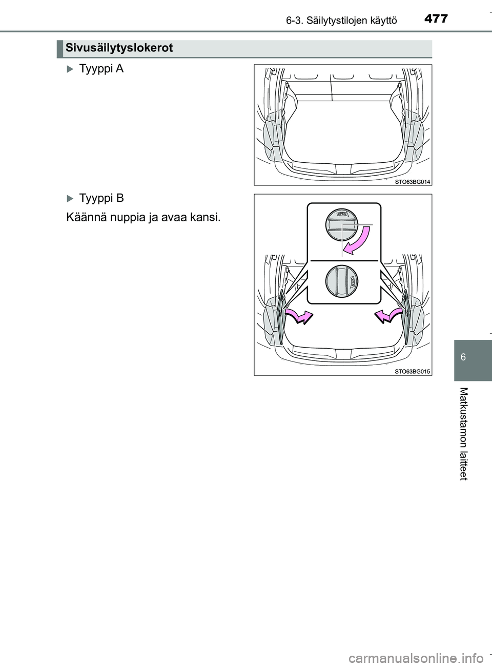 TOYOTA C_HR HYBRID 2017  Omistajan Käsikirja (in Finnish) 4776-3. Säilytystilojen käyttö
C-HR_HV_OM_Europe_OM10538FI
6
Matkustamon laitteet
Ty y p p i  A
Ty y p p i  B
Käännä nuppia ja avaa kansi.
Sivusäilytyslokerot
OM10538FI.book  Page 477  Mo