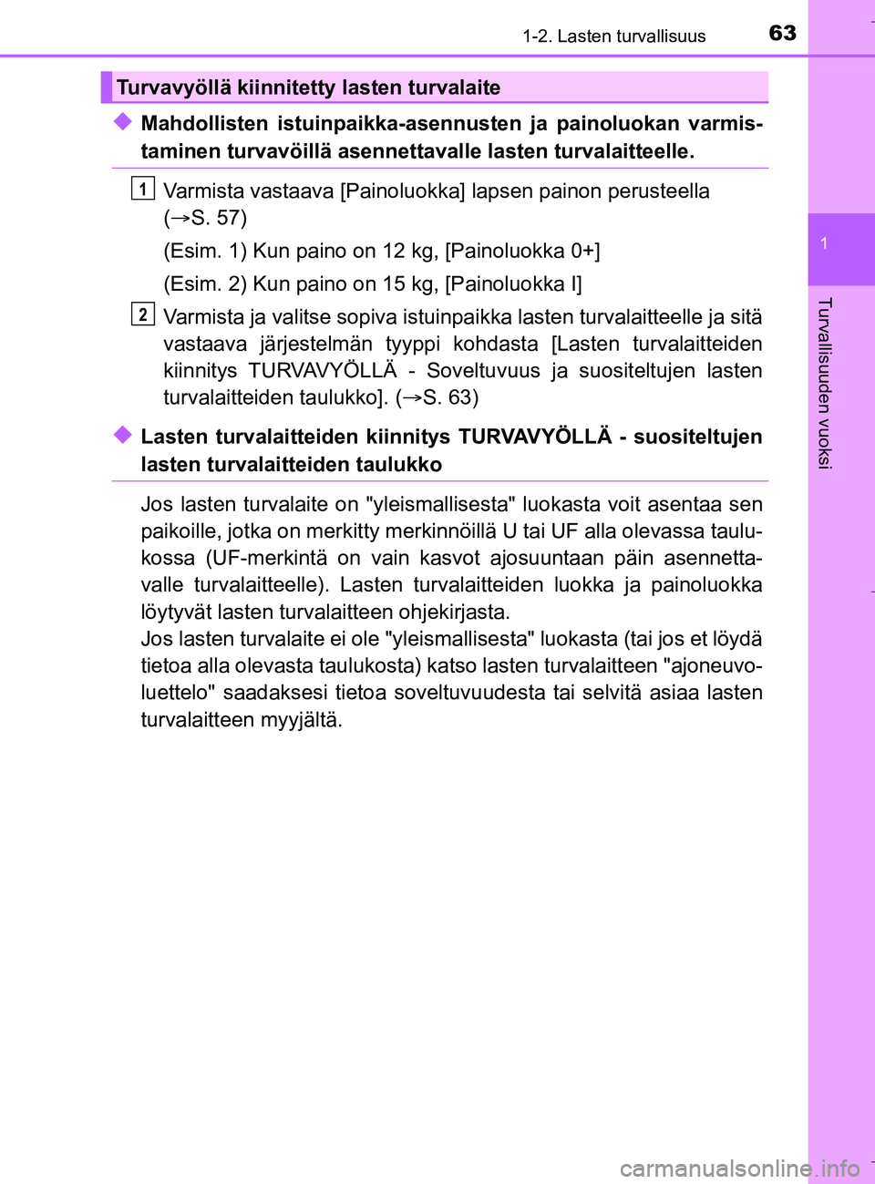 TOYOTA C_HR HYBRID 2017 Omistajan Käsikirja (in Finnish) 631-2. Lasten turvallisuus
1
Turvallisuuden vuoksi
C-HR_HV_OM_Europe_OM10538FI
uMahdollisten istuinpaikka-asennusten ja painoluokan varmis-
taminen turvavöillä asennettavalle lasten turvalaitteelle. TOYOTA C_HR HYBRID 2017 Omistajan Käsikirja (in Finnish) 631-2. Lasten turvallisuus
1
Turvallisuuden vuoksi
C-HR_HV_OM_Europe_OM10538FI
uMahdollisten istuinpaikka-asennusten ja painoluokan varmis-
taminen turvavöillä asennettavalle lasten turvalaitteelle.