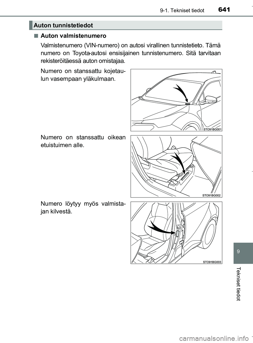 TOYOTA C_HR HYBRID 2017 Omistajan Käsikirja (in Finnish) 6419-1. Tekniset tiedot
C-HR_HV_OM_Europe_OM10538FI
9
Tekniset tiedot
nAuton valmistenumero
Valmistenumero (VIN-numero) on autosi virallinen tunnistetieto. Tämä
numero on Toyota-autosi ensisijainen TOYOTA C_HR HYBRID 2017 Omistajan Käsikirja (in Finnish) 6419-1. Tekniset tiedot
C-HR_HV_OM_Europe_OM10538FI
9
Tekniset tiedot
nAuton valmistenumero
Valmistenumero (VIN-numero) on autosi virallinen tunnistetieto. Tämä
numero on Toyota-autosi ensisijainen
