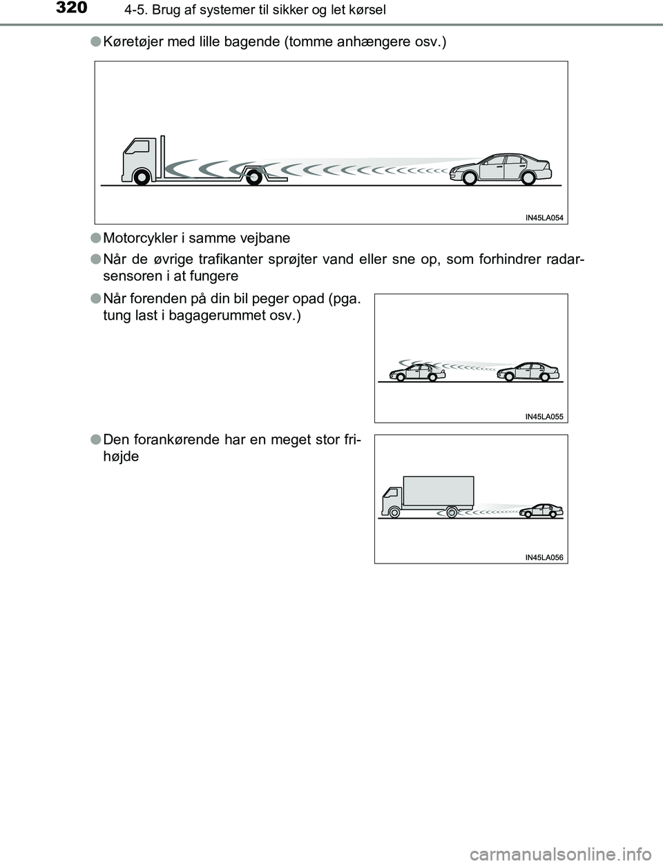 TOYOTA C_HR HYBRID 2016 Brugsanvisning (in Danish) 3204-5. Brug af systemer til sikker og let kørsel
C-HR_HV_OM_Europe_OM10538DKl
Køretøjer med lille bagende (tomme anhængere osv.)
l Motorcykler i samme vejbane
l Når de øvrige trafikanter sprøj TOYOTA C_HR HYBRID 2016 Brugsanvisning (in Danish) 3204-5. Brug af systemer til sikker og let kørsel
C-HR_HV_OM_Europe_OM10538DKl
Køretøjer med lille bagende (tomme anhængere osv.)
l Motorcykler i samme vejbane
l Når de øvrige trafikanter sprøj