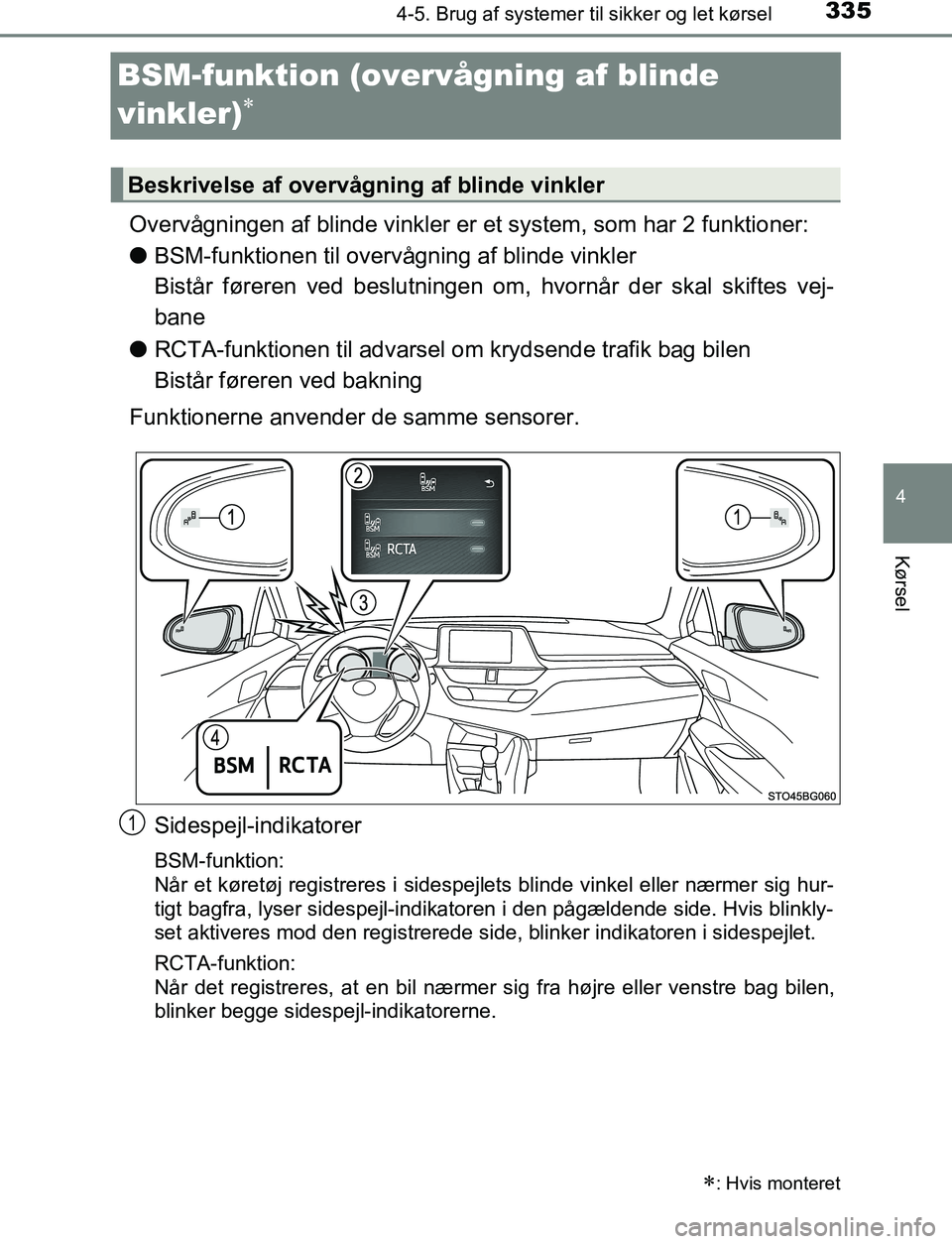TOYOTA C_HR HYBRID 2016 Brugsanvisning (in Danish) 335
4
4-5. Brug af systemer til sikker og let kørsel
Kørsel
C-HR_HV_OM_Europe_OM10538DK
BSM-funktion (overvågning af blinde
vinkler)
Overvågningen af blinde vinkler er et system, som har 2 fu TOYOTA C_HR HYBRID 2016 Brugsanvisning (in Danish) 335
4
4-5. Brug af systemer til sikker og let kørsel
Kørsel
C-HR_HV_OM_Europe_OM10538DK
BSM-funktion (overvågning af blinde
vinkler)
Overvågningen af blinde vinkler er et system, som har 2 fu