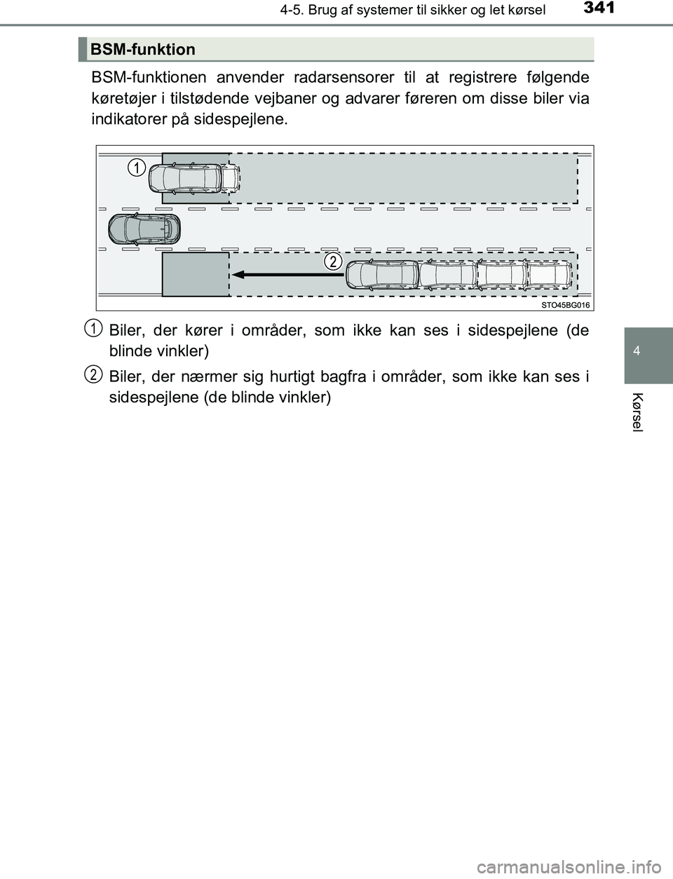 TOYOTA C_HR HYBRID 2016 Brugsanvisning (in Danish) 3414-5. Brug af systemer til sikker og let kørsel
4
Kørsel
C-HR_HV_OM_Europe_OM10538DK
BSM-funktionen anvender radarsensorer til at registrere følgende
køretøjer i tilstødende vejbaner og advare TOYOTA C_HR HYBRID 2016 Brugsanvisning (in Danish) 3414-5. Brug af systemer til sikker og let kørsel
4
Kørsel
C-HR_HV_OM_Europe_OM10538DK
BSM-funktionen anvender radarsensorer til at registrere følgende
køretøjer i tilstødende vejbaner og advare