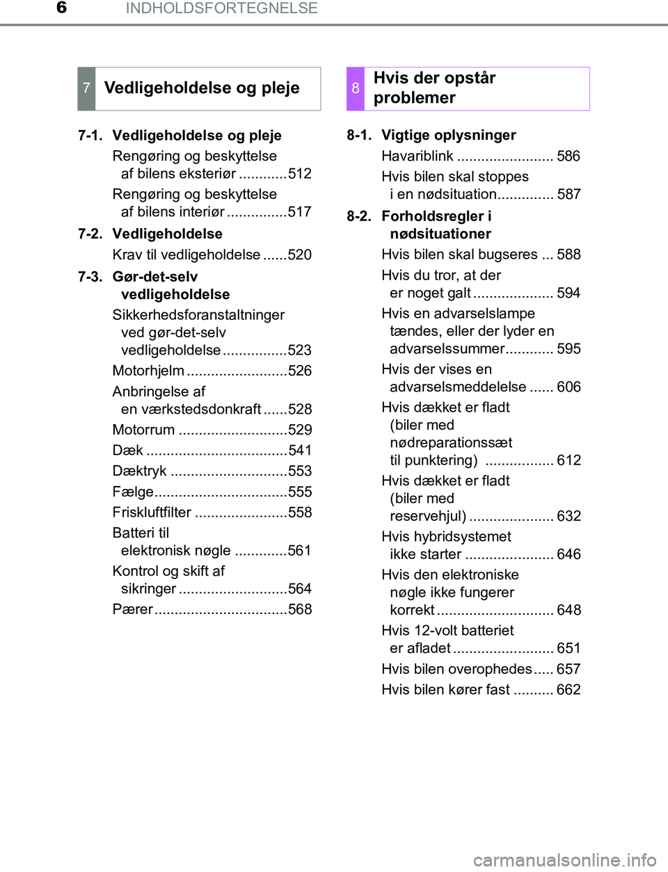 TOYOTA C_HR HYBRID 2016  Brugsanvisning (in Danish) INDHOLDSFORTEGNELSE6
C-HR_HV_OM_Europe_OM10538DK7-1. Vedligeholdelse og pleje
Rengøring og beskyttelse af bilens eksteriør ............512
Rengøring og beskyttelse  af bilens interiør ............