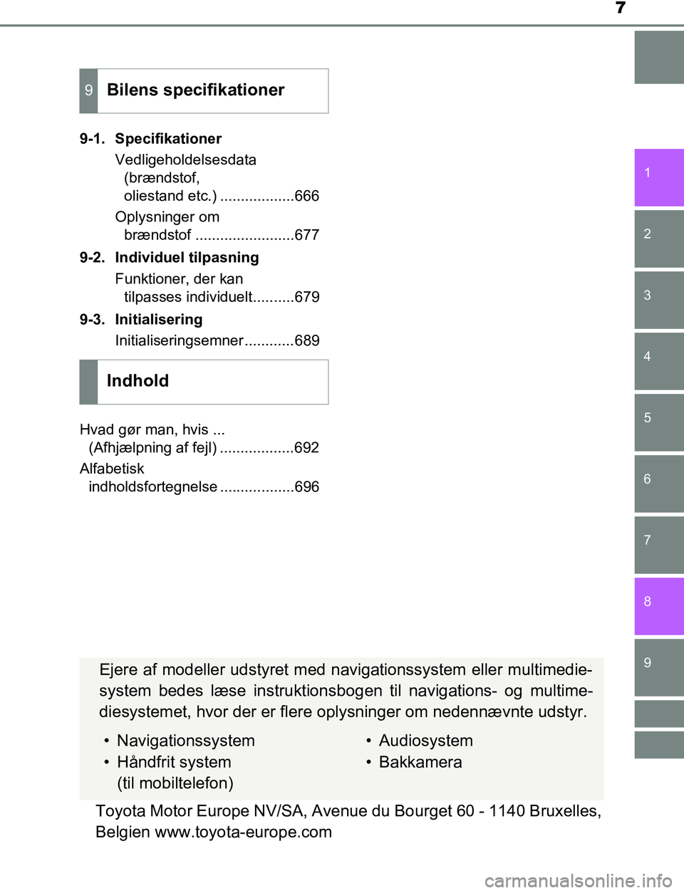 TOYOTA C_HR HYBRID 2016  Brugsanvisning (in Danish) 7
1
6 5
4
3
2
C-HR_HV_OM_Europe_OM10538DK
9
8
7
9-1. SpecifikationerVedligeholdelsesdata (brændstof, 
oliestand etc.) ..................666
Oplysninger om  brændstof ........................677
9-2.