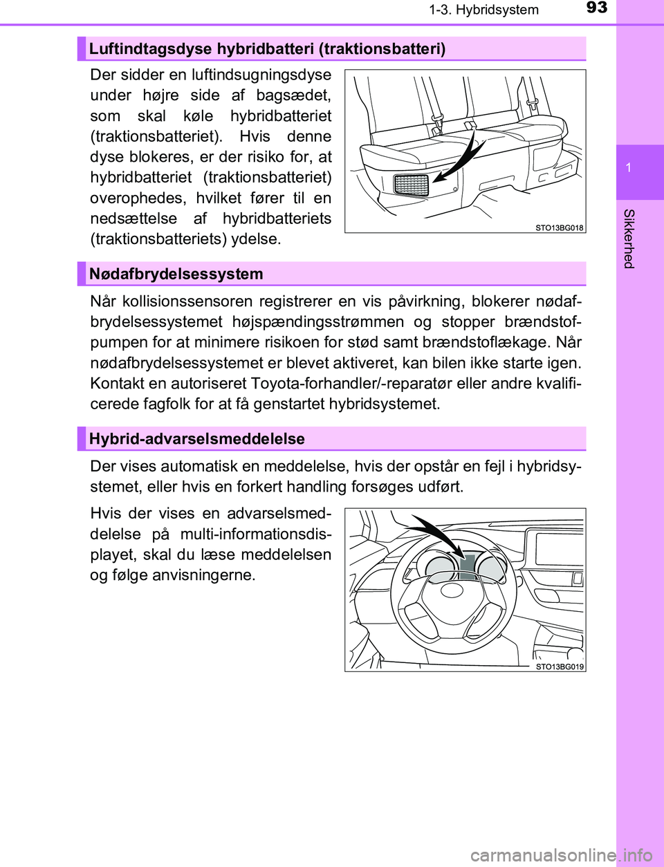 TOYOTA C_HR HYBRID 2016 Brugsanvisning (in Danish) 931-3. Hybridsystem
1
Sikkerhed
C-HR_HV_OM_Europe_OM10538DK
Der sidder en luftindsugningsdyse
under højre side af bagsædet,
som skal køle hybridbatteriet
(traktionsbatteriet). Hvis denne
dyse bloke TOYOTA C_HR HYBRID 2016 Brugsanvisning (in Danish) 931-3. Hybridsystem
1
Sikkerhed
C-HR_HV_OM_Europe_OM10538DK
Der sidder en luftindsugningsdyse
under højre side af bagsædet,
som skal køle hybridbatteriet
(traktionsbatteriet). Hvis denne
dyse bloke