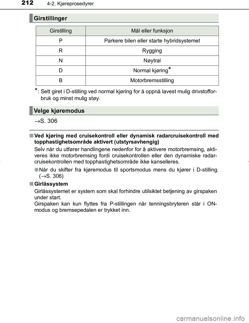 TOYOTA C_HR HYBRID 2016  Instruksjoner for bruk (in Norwegian) 2124-2. Kjøreprosedyrer
C-HR_HV_OM_Europe_OM10538NO
*: Sett giret i D-stilling ved normal kjøring for å oppnå lavest mulig drivstoffor-bruk og minst mulig støy.
→ S. 306
nVed kjøring med cruis