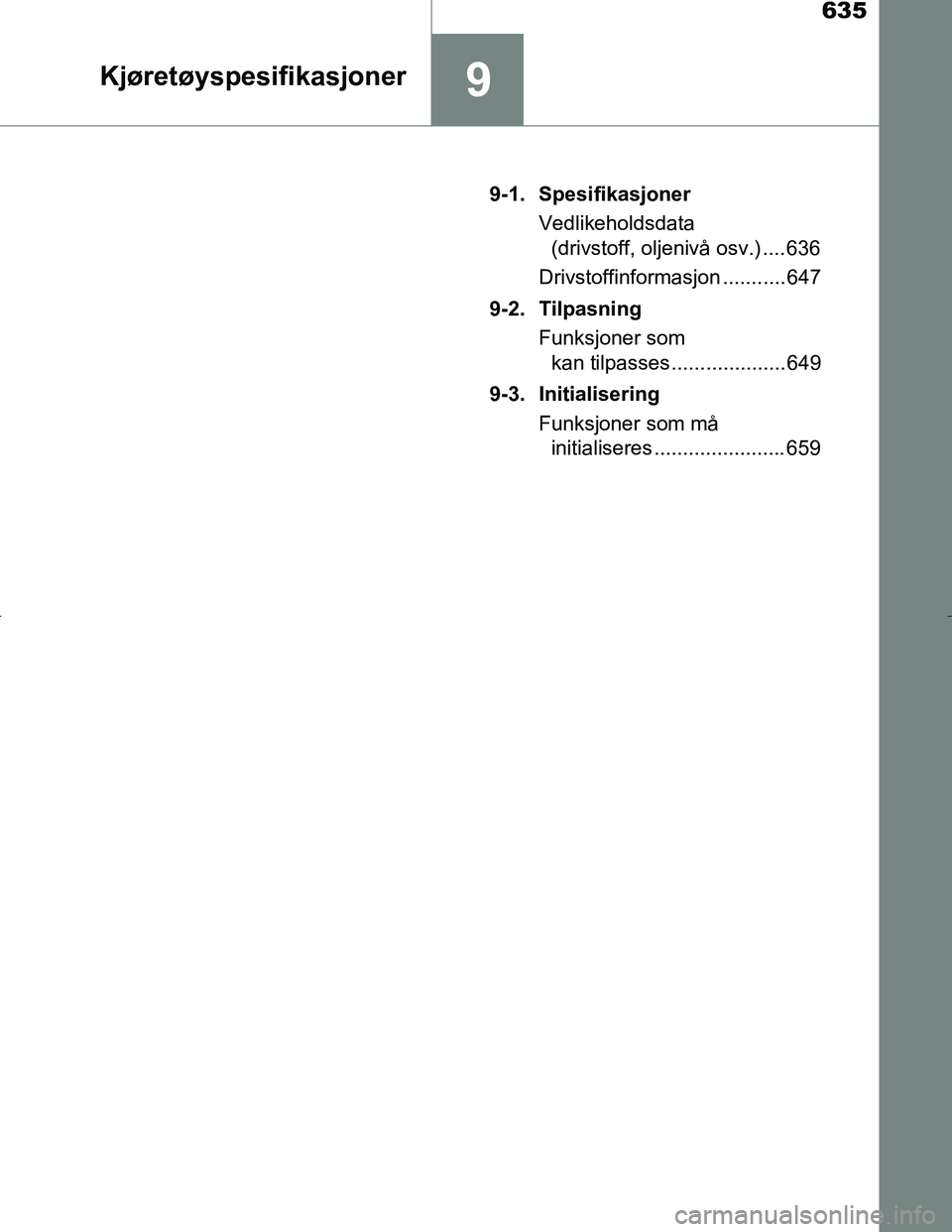 TOYOTA C_HR HYBRID 2016 Instruksjoner for bruk (in Norwegian) 635
9Kjøretøyspesifikasjoner
C-HR_HV_OM_Europe_OM10538NO9-1. Spesifikasjoner
Vedlikeholdsdata (drivstoff, oljenivå osv.) .... 636
Drivstoffinformasjon ........... 647
9-2. Tilpasning Funksjoner som TOYOTA C_HR HYBRID 2016 Instruksjoner for bruk (in Norwegian) 635
9Kjøretøyspesifikasjoner
C-HR_HV_OM_Europe_OM10538NO9-1. Spesifikasjoner
Vedlikeholdsdata (drivstoff, oljenivå osv.) .... 636
Drivstoffinformasjon ........... 647
9-2. Tilpasning Funksjoner som