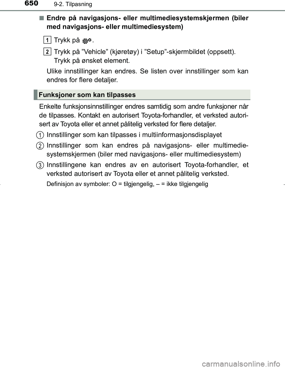 TOYOTA C_HR HYBRID 2016 Instruksjoner for bruk (in Norwegian) 6509-2. Tilpasning
C-HR_HV_OM_Europe_OM10538NOn
Endre på navigasjons- eller multimediesystemskjermen (biler
med navigasjons- elle
r multimediesystem)
Trykk på .
Trykk på ”Vehicle” (kjøretøy) TOYOTA C_HR HYBRID 2016 Instruksjoner for bruk (in Norwegian) 6509-2. Tilpasning
C-HR_HV_OM_Europe_OM10538NOn
Endre på navigasjons- eller multimediesystemskjermen (biler
med navigasjons- elle
r multimediesystem)
Trykk på .
Trykk på ”Vehicle” (kjøretøy)