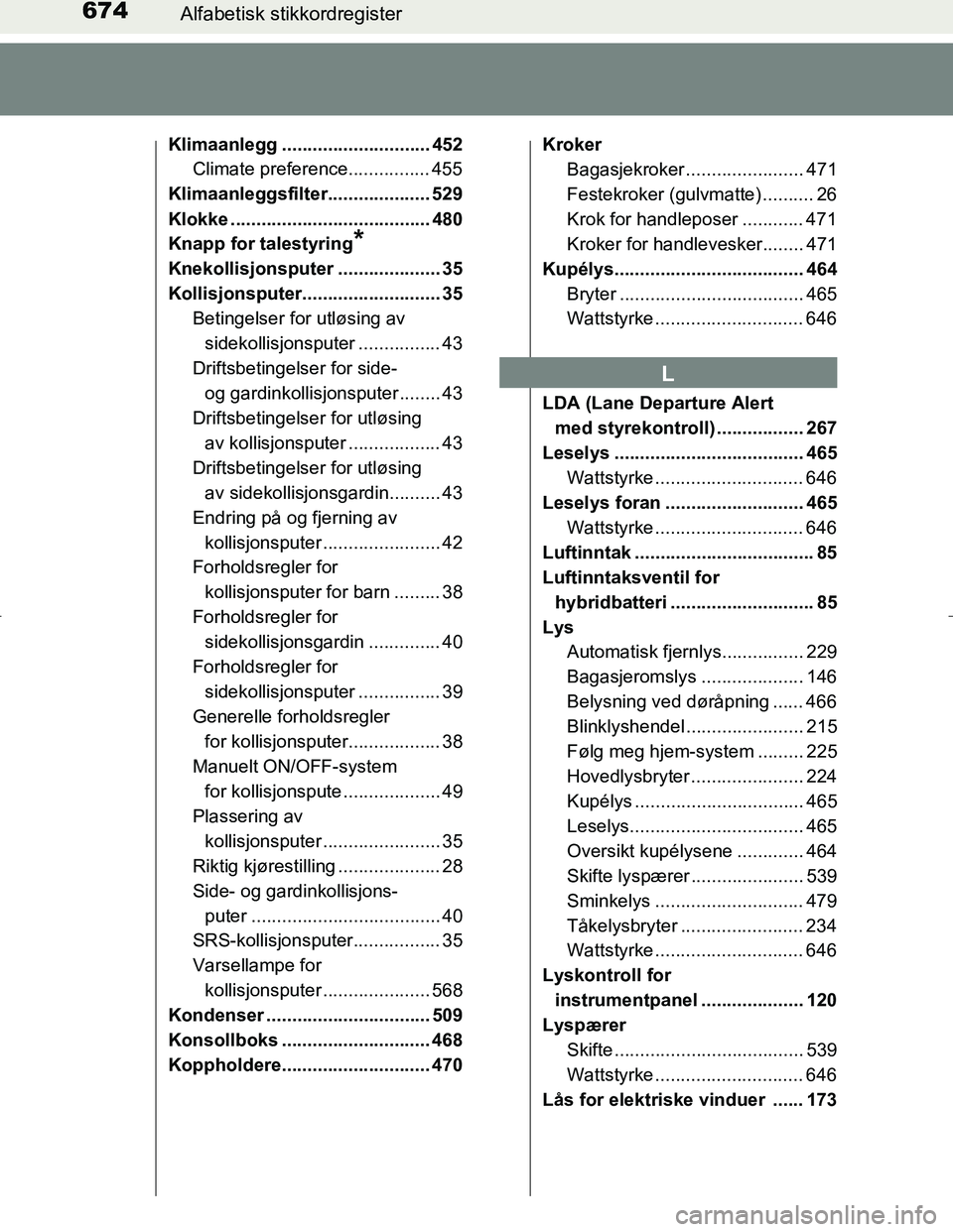 TOYOTA C_HR HYBRID 2016 Instruksjoner for bruk (in Norwegian) 674Alfabetisk stikkordregister
C-HR_HV_OM_Europe_OM10538NO
Klimaanlegg ............................. 452
Climate preference................ 455
Klimaanleggsfilter.................... 529
Klokke ...... TOYOTA C_HR HYBRID 2016 Instruksjoner for bruk (in Norwegian) 674Alfabetisk stikkordregister
C-HR_HV_OM_Europe_OM10538NO
Klimaanlegg ............................. 452
Climate preference................ 455
Klimaanleggsfilter.................... 529
Klokke ......