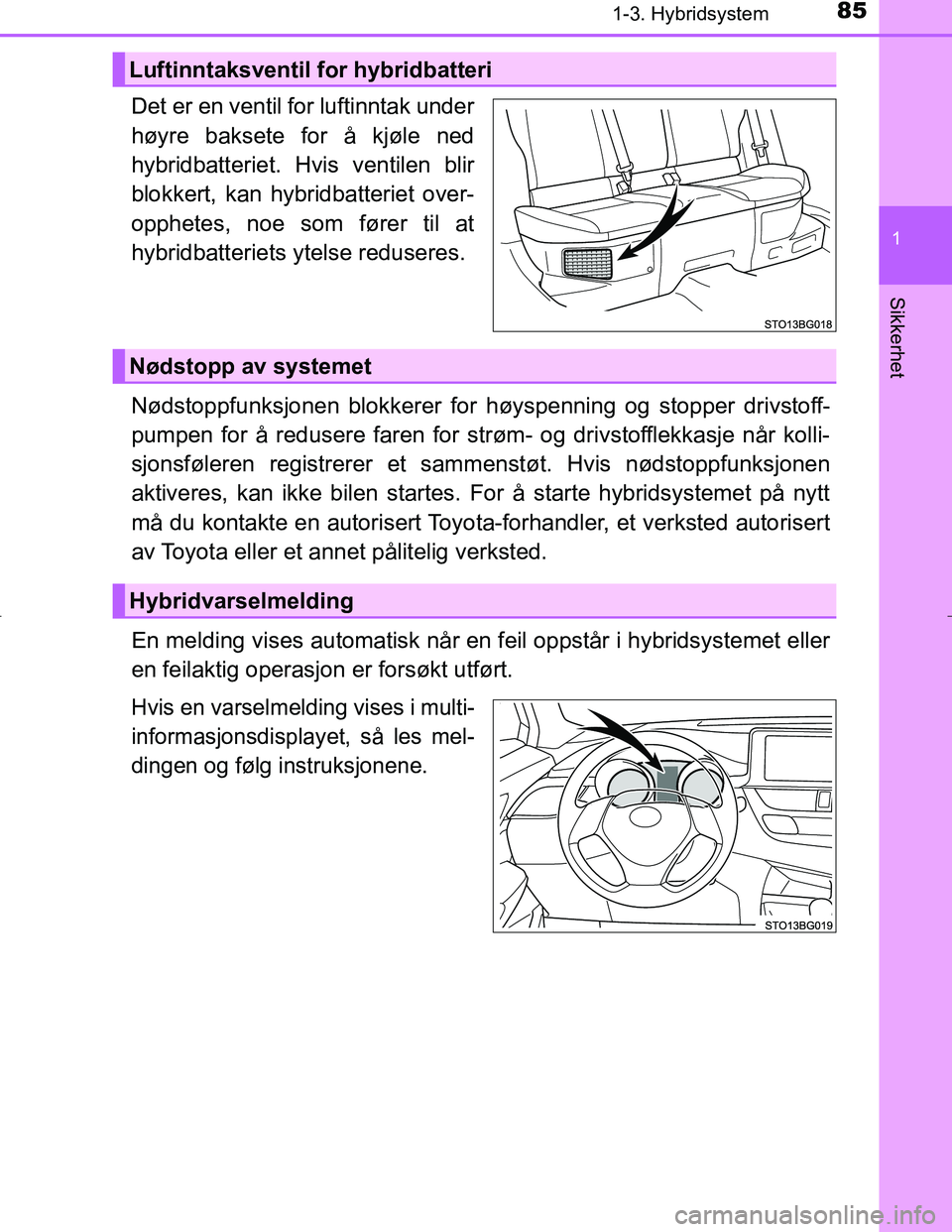 TOYOTA C_HR HYBRID 2016 Instruksjoner for bruk (in Norwegian) 851-3. Hybridsystem
1
Sikkerhet
C-HR_HV_OM_Europe_OM10538NO
Det er en ventil for luftinntak under
høyre baksete for å kjøle ned
hybridbatteriet. Hvis ventilen blir
blokkert, kan hybridbatteriet ove TOYOTA C_HR HYBRID 2016 Instruksjoner for bruk (in Norwegian) 851-3. Hybridsystem
1
Sikkerhet
C-HR_HV_OM_Europe_OM10538NO
Det er en ventil for luftinntak under
høyre baksete for å kjøle ned
hybridbatteriet. Hvis ventilen blir
blokkert, kan hybridbatteriet ove