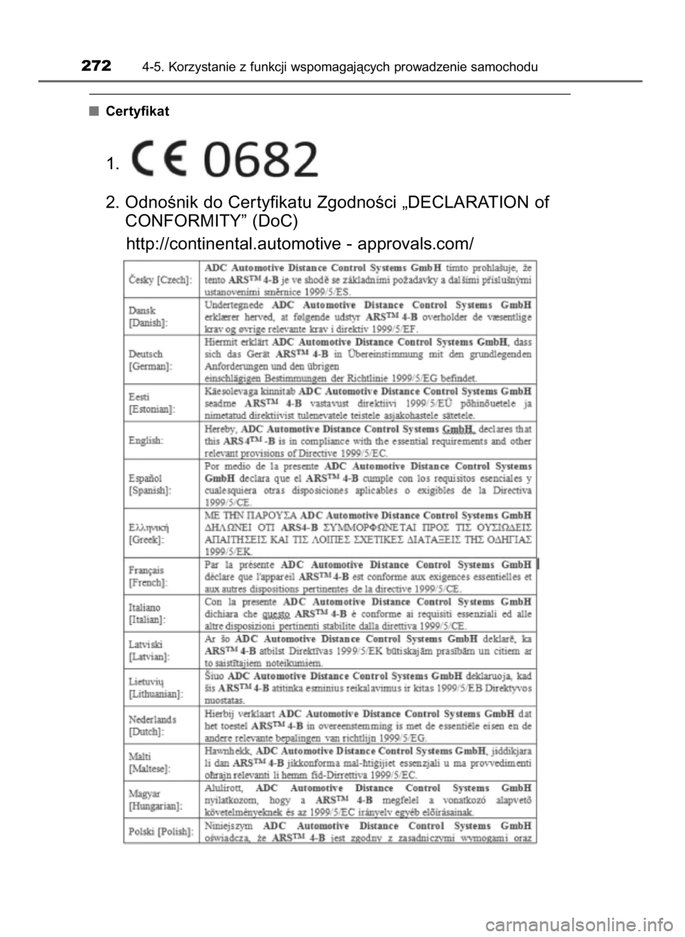 TOYOTA C_HR HYBRID 2016  Instrukcja obsługi (in Polish) Certyfikat 
2724-5. Korzystanie z funkcji wspomagajàcych prowadzenie samochodu
2. OdnoÊnik do Cer tyfikatu ZgodnoÊci „DECLARATION of
CONFORMITY” (DoC)
http://continental.automotive - approvals.