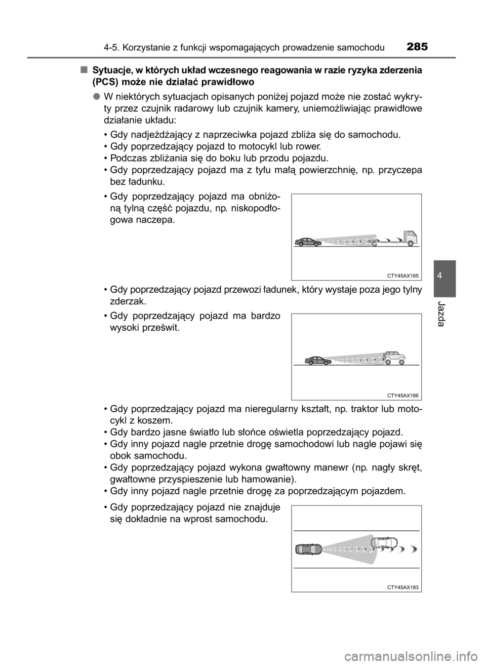 TOYOTA C_HR HYBRID 2016  Instrukcja obsługi (in Polish) Sytuacje, w których uk∏ad wczesnego reagowania w razie ryzyka zderzenia
(PCS) mo˝e nie dzia∏aç prawid∏owo
W niektórych sytuacjach opisanych poni˝ej pojazd mo˝e nie zostaç wykry-
ty  przez
