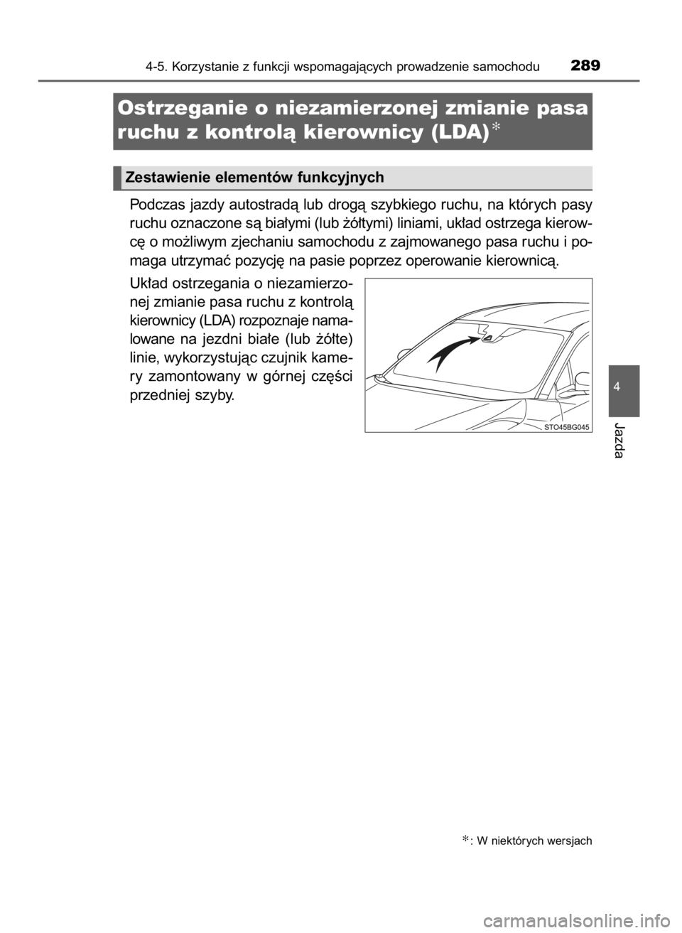 TOYOTA C_HR HYBRID 2016  Instrukcja obsługi (in Polish) Podczas  jazdy  autostradà  lub  drogà  szybkiego  ruchu,  na  których  pasy
ruchu oznaczone sà bia∏ymi (lub ˝ó∏tymi) liniami, uk∏ad ostrzega kierow-
c´ o mo˝liwym zjechaniu samochodu z 
