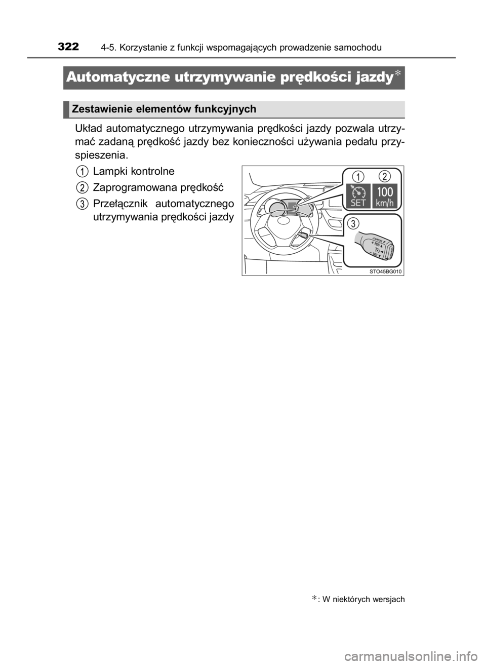TOYOTA C_HR HYBRID 2016  Instrukcja obsługi (in Polish) Uk∏ad  automatycznego  utrzymywania  pr´dkoÊci  jazdy  pozwala  utrzy-
maç zadanà pr´dkoÊç jazdy bez koniecznoÊci u˝ywania peda∏u przy-
spieszenia.
Lampki kontrolne
Zaprogramowana pr´dko