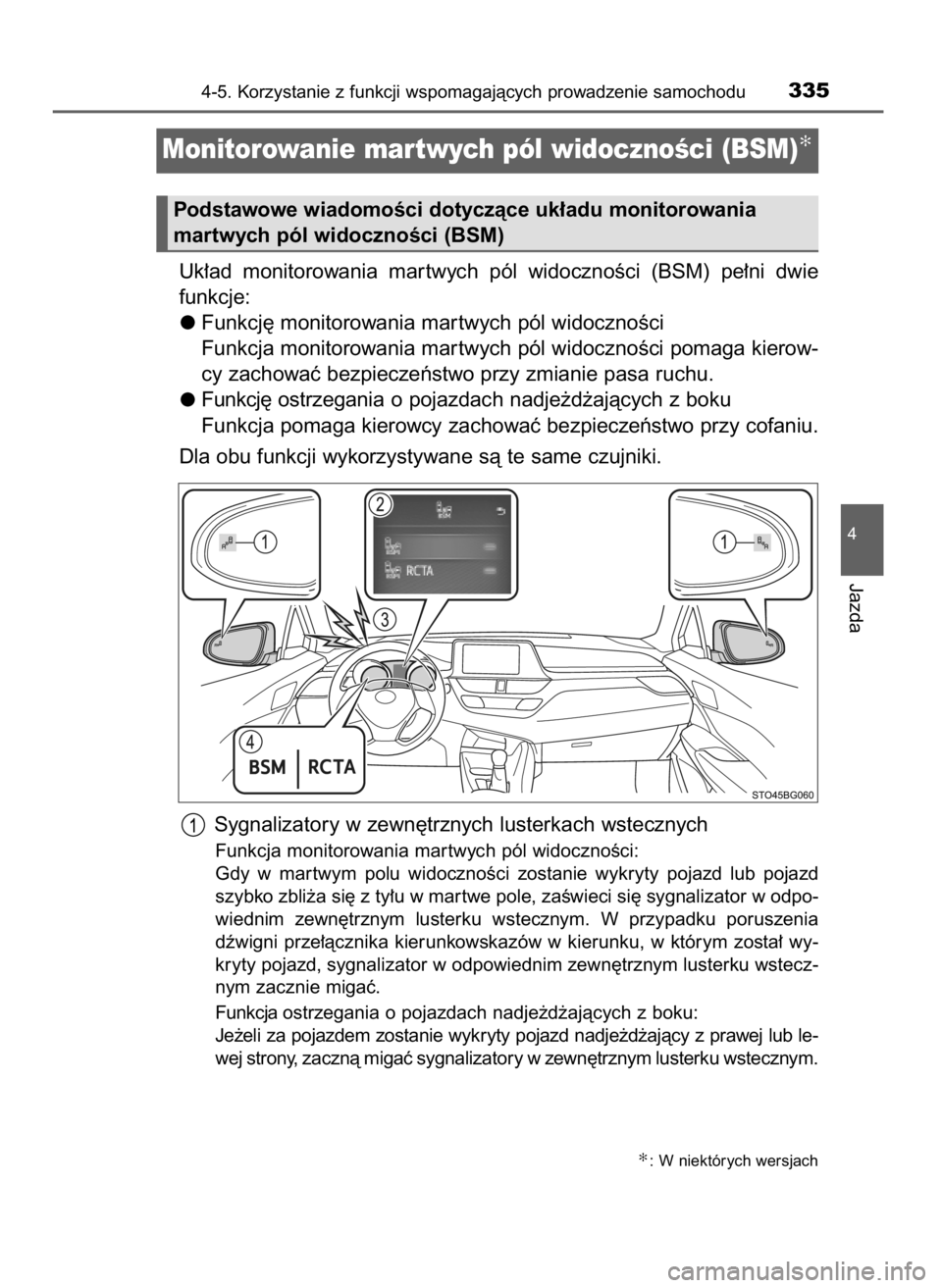 TOYOTA C_HR HYBRID 2016  Instrukcja obsługi (in Polish) Uk∏ad  monitorowania  mar twych  pól  widocznoÊci  (BSM)  pe∏ni  dwie
funkcje:
Funkcj´ monitorowania mar twych pól widocznoÊci
Funkcja monitorowania mar twych pól widocznoÊci pomaga kierow-
