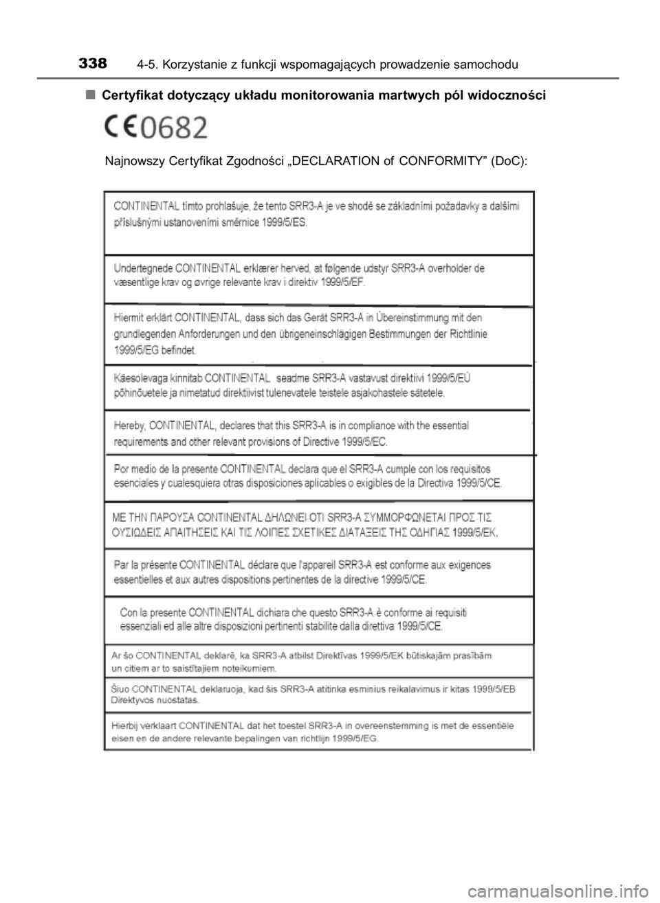 TOYOTA C_HR HYBRID 2016  Instrukcja obsługi (in Polish) Certyfikat dotyczàcy uk∏adu monitorowania martwych pól widocznoÊci
3384-5. Korzystanie z funkcji wspomagajàcych prowadzenie samochodu
Najnowszy Cer tyfikat ZgodnoÊci „DECLARATION of CONFORMIT