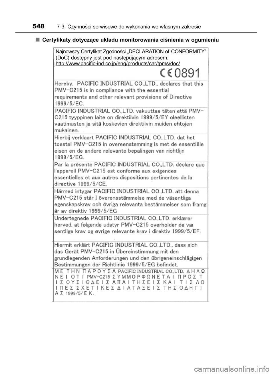 TOYOTA C_HR HYBRID 2016  Instrukcja obsługi (in Polish) Certyfikaty dotyczàce uk∏adu monitorowania ciÊnienia w ogumieniu
5487-3. CzynnoÊci serwisowe do wykonania we w∏asnym zakresie
Najnowszy Cer tyfikat ZgodnoÊci „DECLARATION of CONFORMITY”
(D