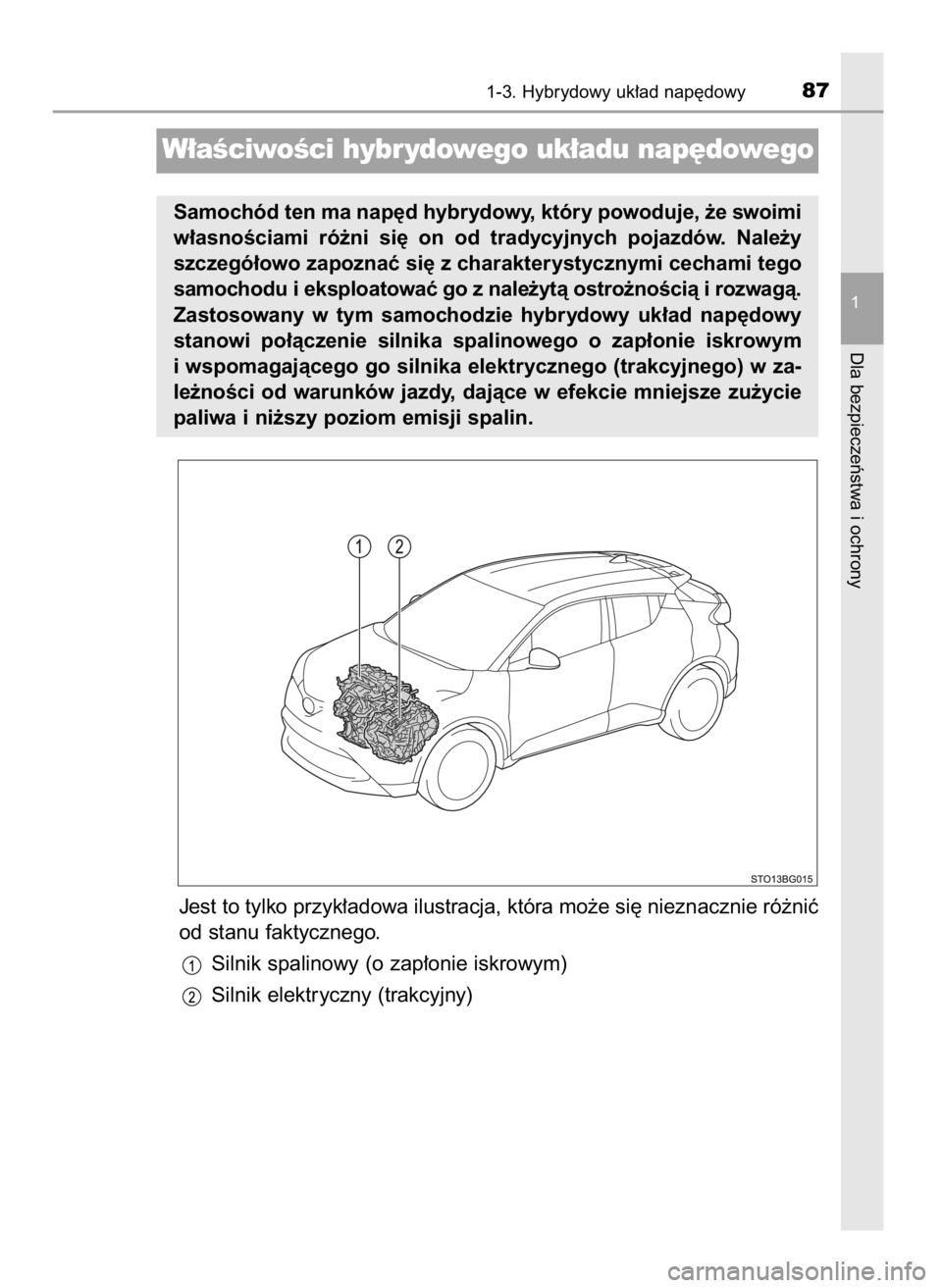 TOYOTA C_HR HYBRID 2016  Instrukcja obsługi (in Polish) Jest to tylko przyk∏adowa ilustracja, która mo˝e si´ nieznacznie ró˝niç
od stanu faktycznego.
Silnik spalinowy (o zap∏onie iskrowym)
Silnik elektryczny (trakcyjny)
1-3. Hybrydowy uk∏ad nap