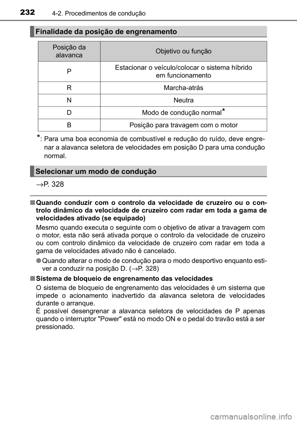 TOYOTA C_HR HYBRID 2016  Manual de utilização (in Portuguese) 232������3�U�R�F�H�G�L�P�H�Q�W�R�V��G�H��F�R�Q�G�X�o�m�R
�
� �3�D�U�D��X�P�D��E�R�D��H�F�R�Q�R�P�L�D��G�H��F�R�P�E�X�V�W�t�Y�H�O��H��U�H�G�X�o�m�R��G�R��U�X�t�G�R���G�H�Y�H��H�Q�J�