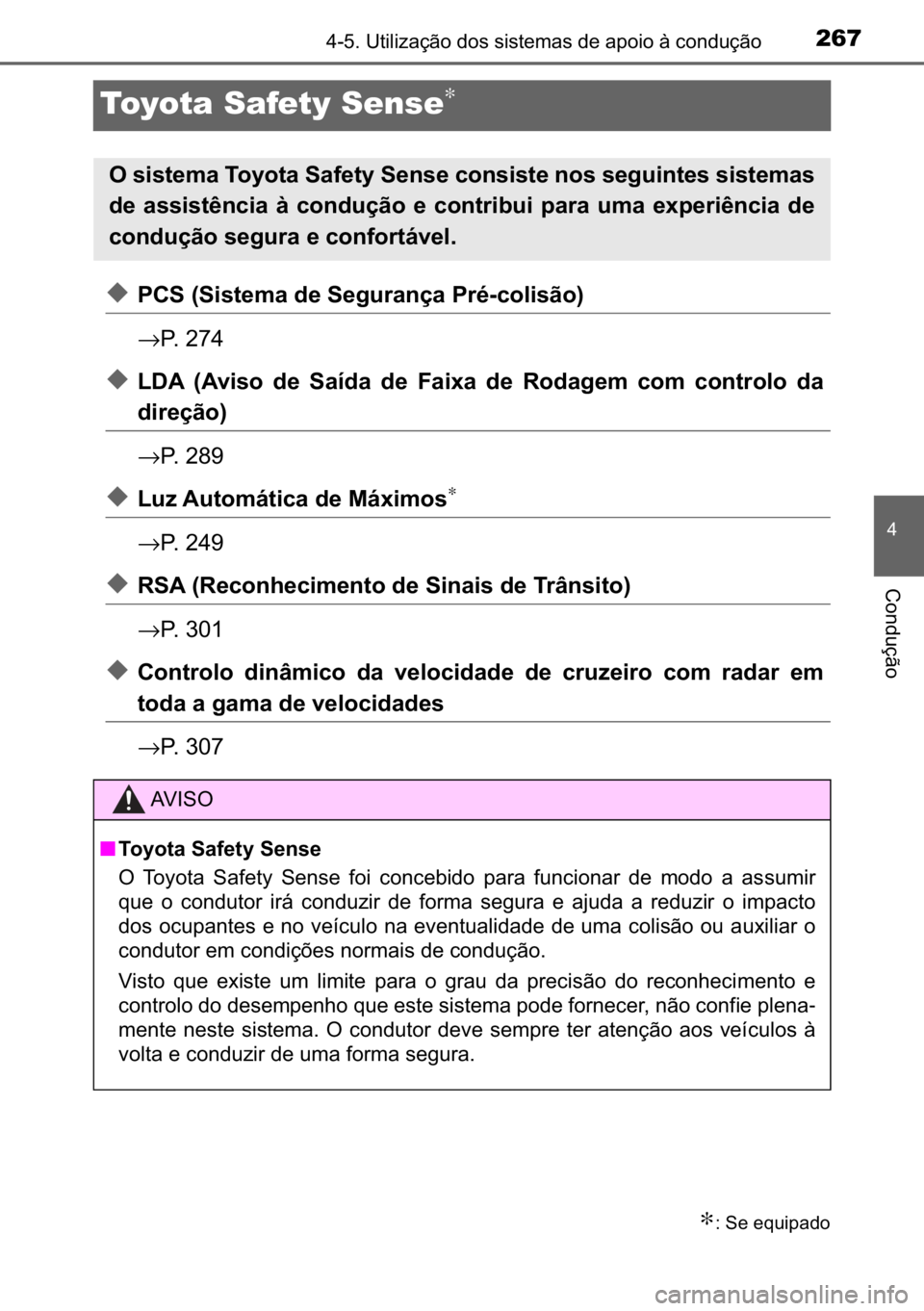 TOYOTA C_HR HYBRID 2016  Manual de utilização (in Portuguese) 267
�
������8�W�L�O�L�]�D�o�m�R��G�R�V��V�L�V�W�H�P�D�V��G�H��D�S�R�L�R��j��F�R�Q�G�X�o�m�R
�&�R�Q�G�X�o�m�R
Toyota Safety Sense∗
◆�3�&�6���6�L�V�W�H�P�D��G�H��6�H�J�X�U�D�Q�o�D��