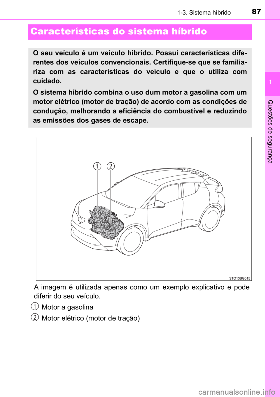 TOYOTA C_HR HYBRID 2016  Manual de utilização (in Portuguese) 87
�
������6�L�V�W�H�P�D��K�t�E�U�L�G�R
�4�X�H�V�W�}�H�V��G�H��V�H�J�X�U�D�Q�o�D
Características do sistema híbrido
�$� �L�P�D�J�H�P� �p� �X�W�L�O�L�]�D�G�D� �D�S�H�Q�D�V� �F�R�P�R� �