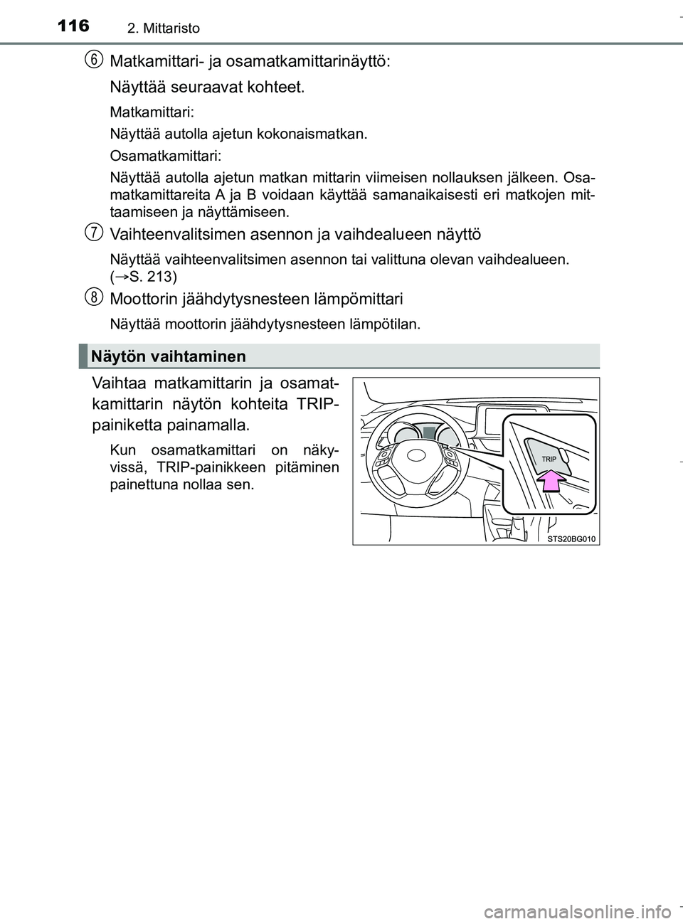TOYOTA C_HR HYBRID 2016 Omistajan Käsikirja (in Finnish) 1162. Mittaristo
C-HR_HV_OM_Europe_OM10538FI
Matkamittari- ja osamatkamittarinäyttö:
Näyttää seuraavat kohteet.
Matkamittari:
Näyttää autolla ajetun kokonaismatkan.
Osamatkamittari:
Näyttää TOYOTA C_HR HYBRID 2016 Omistajan Käsikirja (in Finnish) 1162. Mittaristo
C-HR_HV_OM_Europe_OM10538FI
Matkamittari- ja osamatkamittarinäyttö:
Näyttää seuraavat kohteet.
Matkamittari:
Näyttää autolla ajetun kokonaismatkan.
Osamatkamittari:
Näyttää
