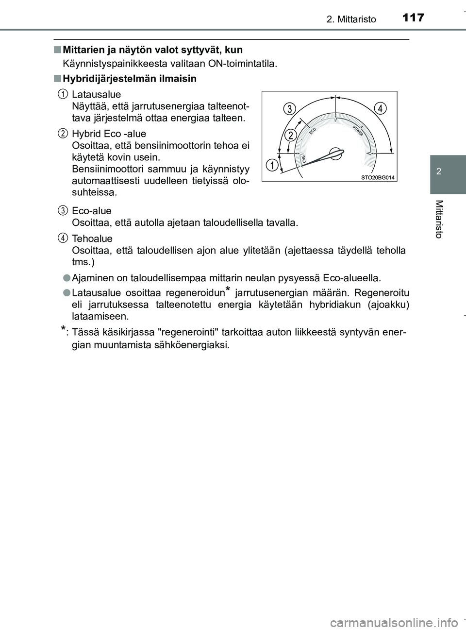 TOYOTA C_HR HYBRID 2016 Omistajan Käsikirja (in Finnish) 1172. Mittaristo
2
Mittaristo
C-HR_HV_OM_Europe_OM10538FI
nMittarien ja näytön valot syttyvät, kun
Käynnistyspainikkeesta valitaan ON-toimintatila.
n Hybridijärjestelmän ilmaisin
Eco-alue
Osoitt TOYOTA C_HR HYBRID 2016 Omistajan Käsikirja (in Finnish) 1172. Mittaristo
2
Mittaristo
C-HR_HV_OM_Europe_OM10538FI
nMittarien ja näytön valot syttyvät, kun
Käynnistyspainikkeesta valitaan ON-toimintatila.
n Hybridijärjestelmän ilmaisin
Eco-alue
Osoitt