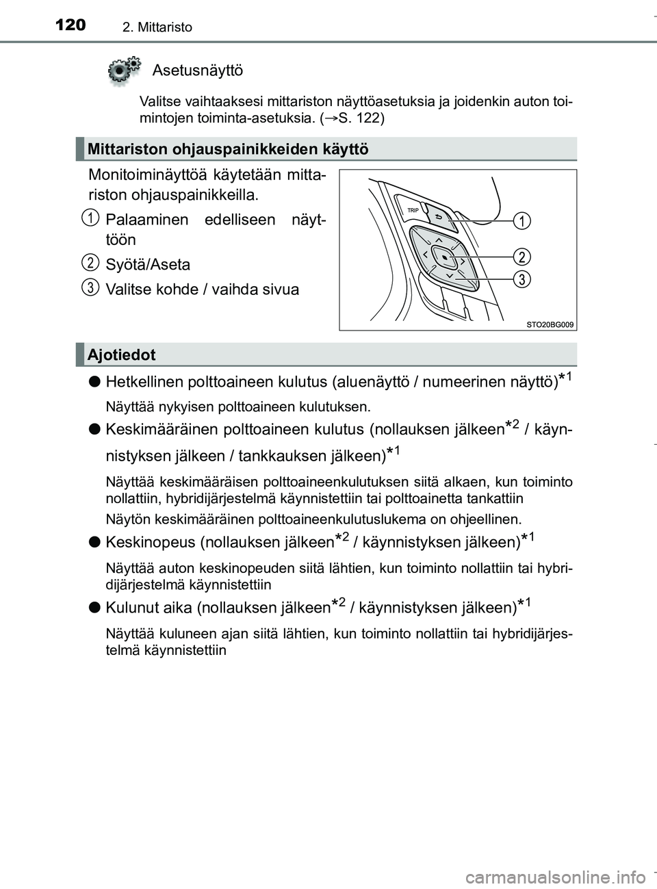 TOYOTA C_HR HYBRID 2016 Omistajan Käsikirja (in Finnish) 1202. Mittaristo
C-HR_HV_OM_Europe_OM10538FI
Asetusnäyttö
Valitse vaihtaaksesi mittariston näyttöasetuksia ja joidenkin auton toi-
mintojen toiminta-asetuksia. (S. 122)
Monitoiminäyttöä käy TOYOTA C_HR HYBRID 2016 Omistajan Käsikirja (in Finnish) 1202. Mittaristo
C-HR_HV_OM_Europe_OM10538FI
Asetusnäyttö
Valitse vaihtaaksesi mittariston näyttöasetuksia ja joidenkin auton toi-
mintojen toiminta-asetuksia. (S. 122)
Monitoiminäyttöä käy