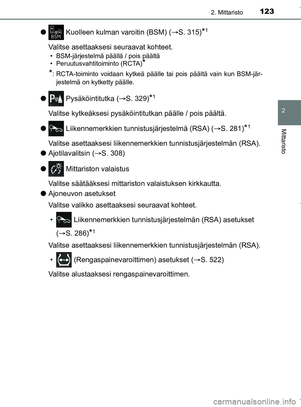TOYOTA C_HR HYBRID 2016  Omistajan Käsikirja (in Finnish) 1232. Mittaristo
2
Mittaristo
C-HR_HV_OM_Europe_OM10538FI
l Kuolleen kulman varoitin (BSM) ( S. 315)*1
Valitse asettaaksesi  seuraavat kohteet.
• BSM-järjestelmä päällä / pois päältä
• 
