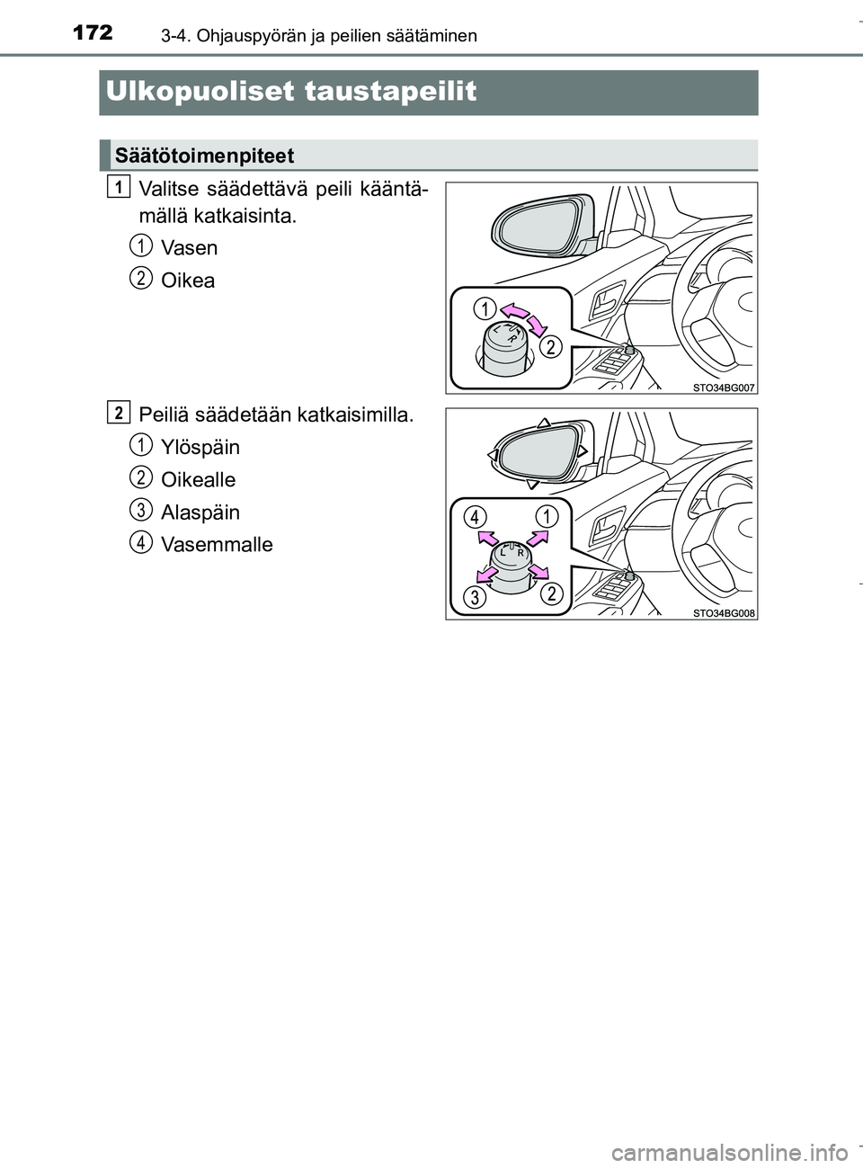 TOYOTA C_HR HYBRID 2016  Omistajan Käsikirja (in Finnish) 1723-4. Ohjauspyörän ja peilien säätäminen
C-HR_HV_OM_Europe_OM10538FI
Ulkopuoliset taustapeilit
Valitse säädettävä peili kääntä-
mällä katkaisinta.
Va s e n
Oikea
Peiliä säädetään 