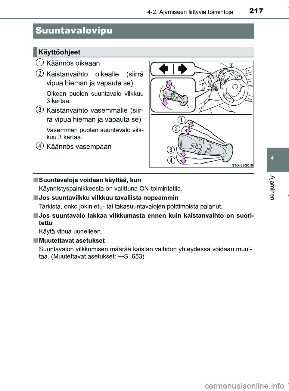 TOYOTA C_HR HYBRID 2016  Omistajan Käsikirja (in Finnish) 217
4
4-2. Ajamiseen liittyviä toimintoja
Ajaminen
C-HR_HV_OM_Europe_OM10538FI
Suuntavalovipu
Käännös oikeaan
Kaistanvaihto oikealle (siirrä
vipua hieman ja vapauta se)
Oikean puolen suuntavalo v