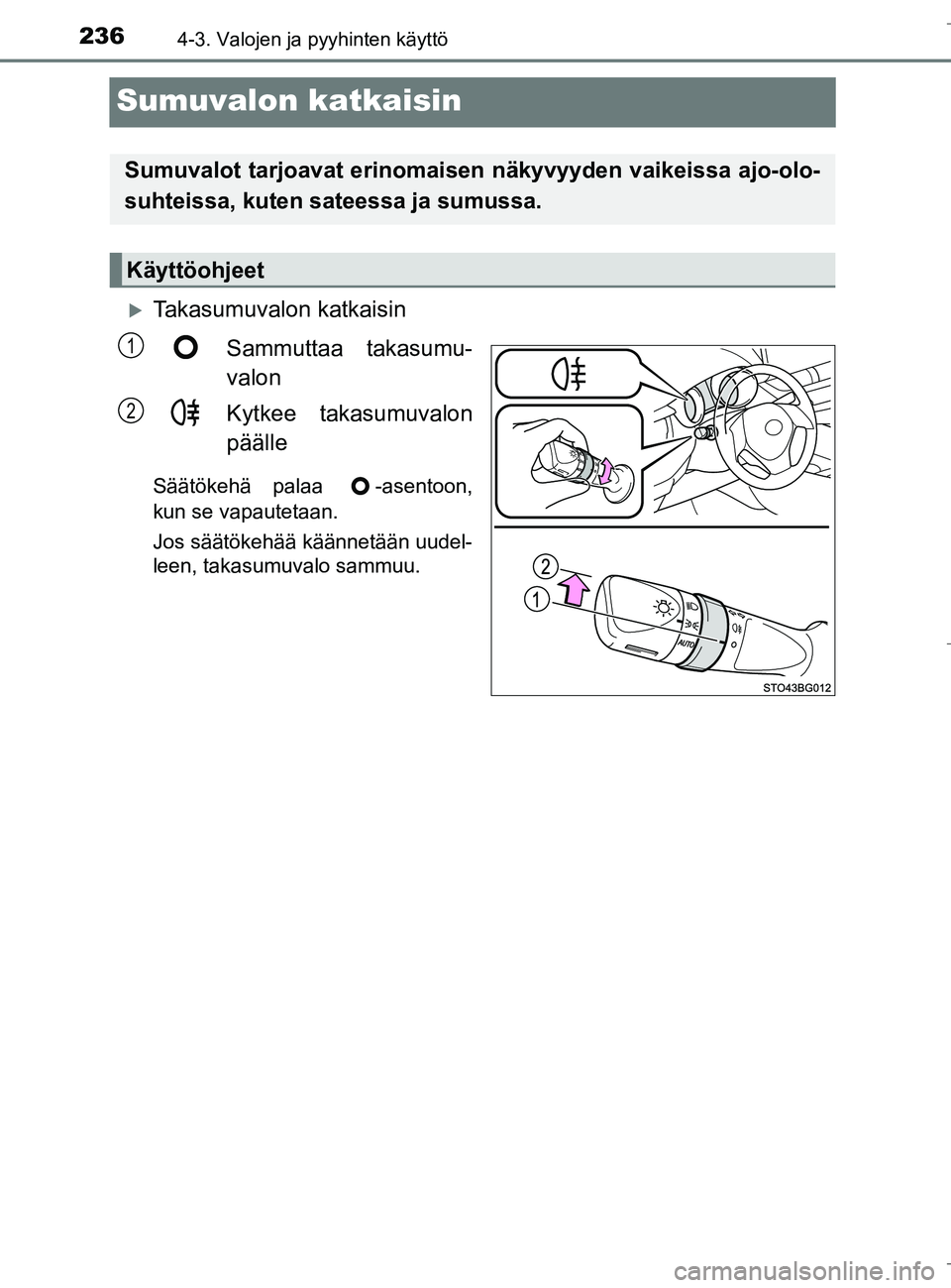 TOYOTA C_HR HYBRID 2016  Omistajan Käsikirja (in Finnish) 2364-3. Valojen ja pyyhinten käyttö
C-HR_HV_OM_Europe_OM10538FI
Sumuvalon katkaisin
Takasumuvalon katkaisinSammuttaa takasumu-
valon
Kytkee takasumuvalon
päälle
Säätökehä palaa  -asentoon,
