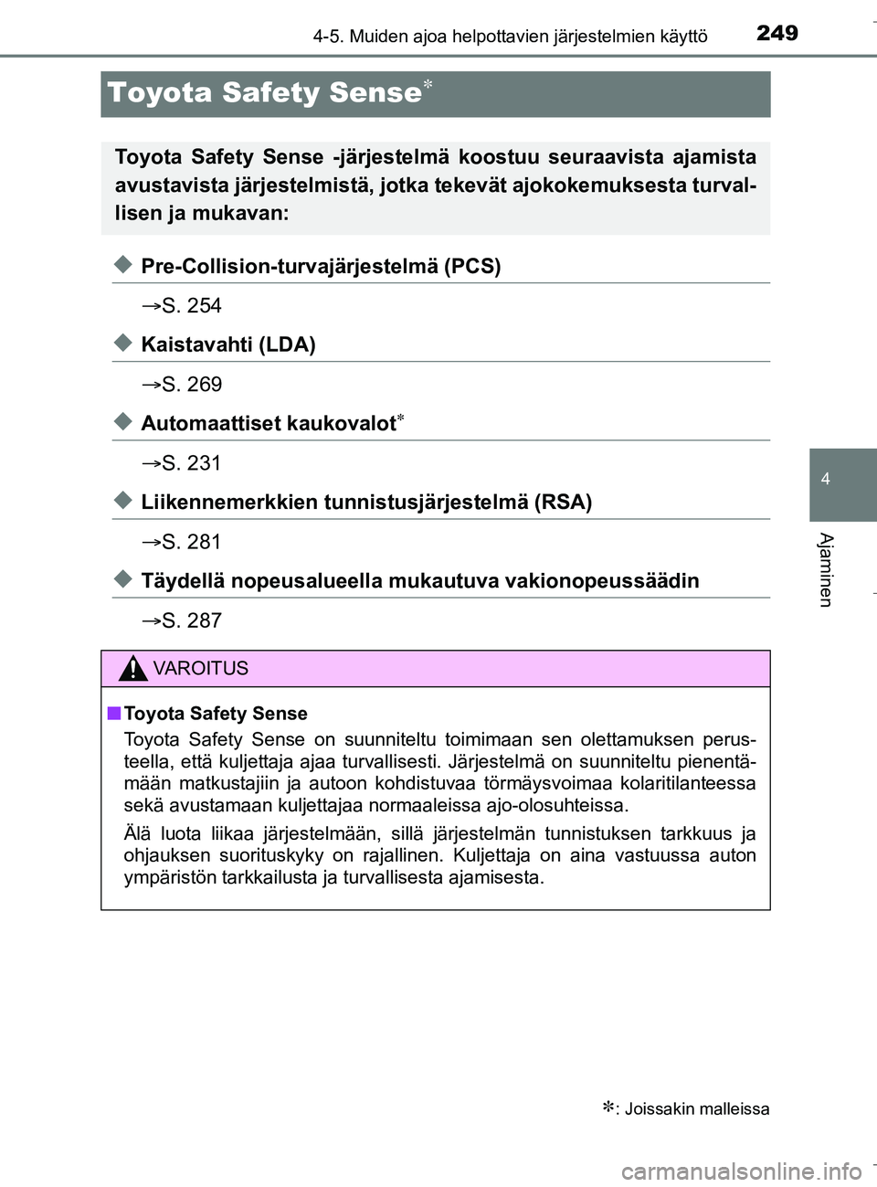 TOYOTA C_HR HYBRID 2016 Omistajan Käsikirja (in Finnish) 249
4
4-5. Muiden ajoa helpottavien järjestelmien käyttö
Ajaminen
C-HR_HV_OM_Europe_OM10538FI
Toyota Safety Sense
uPre-Collision-turvajärjestelmä (PCS)
S. 254
uKaistavahti (LDA)
S. 269
u TOYOTA C_HR HYBRID 2016 Omistajan Käsikirja (in Finnish) 249
4
4-5. Muiden ajoa helpottavien järjestelmien käyttö
Ajaminen
C-HR_HV_OM_Europe_OM10538FI
Toyota Safety Sense
uPre-Collision-turvajärjestelmä (PCS)
S. 254
uKaistavahti (LDA)
S. 269
u