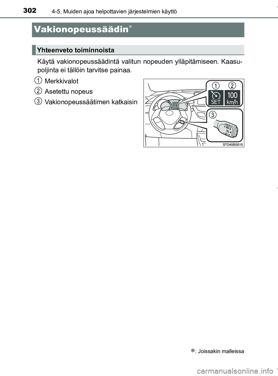 TOYOTA C_HR HYBRID 2016 Omistajan Käsikirja (in Finnish) 3024-5. Muiden ajoa helpottavien järjestelmien käyttö
C-HR_HV_OM_Europe_OM10538FI
Vakionopeussäädin
Käytä vakionopeussäädintä valitun nopeuden ylläpitämiseen. Kaasu-
poljinta ei tällö TOYOTA C_HR HYBRID 2016 Omistajan Käsikirja (in Finnish) 3024-5. Muiden ajoa helpottavien järjestelmien käyttö
C-HR_HV_OM_Europe_OM10538FI
Vakionopeussäädin
Käytä vakionopeussäädintä valitun nopeuden ylläpitämiseen. Kaasu-
poljinta ei tällö