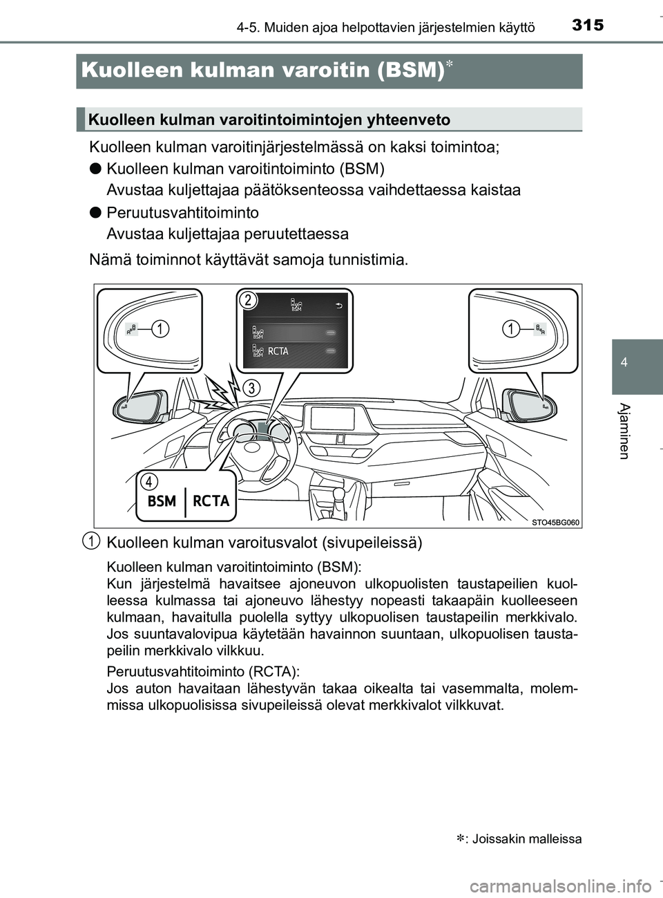 TOYOTA C_HR HYBRID 2016 Omistajan Käsikirja (in Finnish) 315
4
4-5. Muiden ajoa helpottavien järjestelmien käyttö
Ajaminen
C-HR_HV_OM_Europe_OM10538FI
Kuolleen kulman varoitin (BSM)
Kuolleen kulman varoitinjärj estelmässä on kaksi toimintoa;
l Kuol TOYOTA C_HR HYBRID 2016 Omistajan Käsikirja (in Finnish) 315
4
4-5. Muiden ajoa helpottavien järjestelmien käyttö
Ajaminen
C-HR_HV_OM_Europe_OM10538FI
Kuolleen kulman varoitin (BSM)
Kuolleen kulman varoitinjärj estelmässä on kaksi toimintoa;
l Kuol