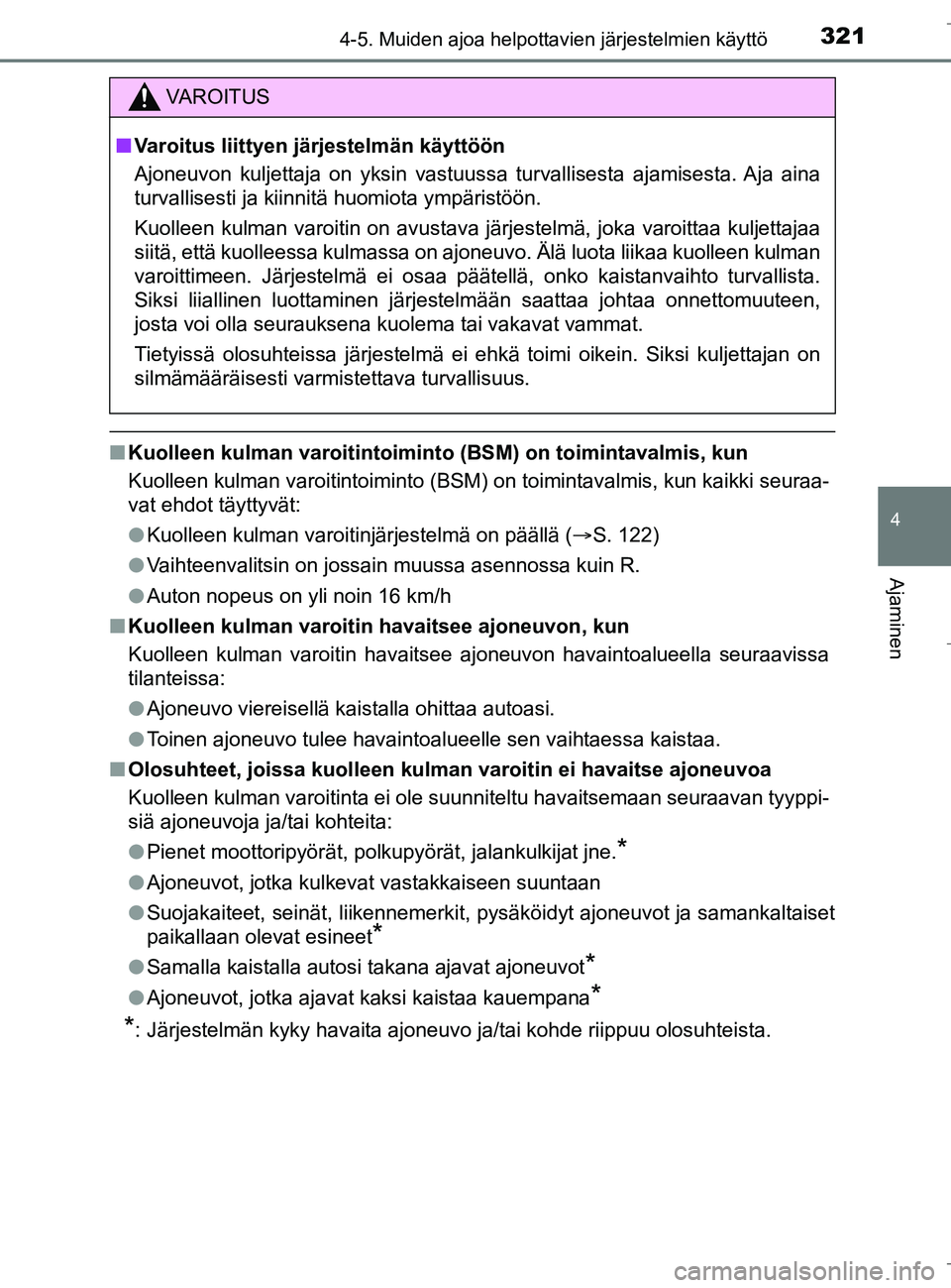 TOYOTA C_HR HYBRID 2016 Omistajan Käsikirja (in Finnish) 3214-5. Muiden ajoa helpottavien järjestelmien käyttö
4
Ajaminen
C-HR_HV_OM_Europe_OM10538FI
nKuolleen kulman varoitintoiminto (BSM) on toimintavalmis, kun
Kuolleen kulman varoitintoiminto (BSM) on TOYOTA C_HR HYBRID 2016 Omistajan Käsikirja (in Finnish) 3214-5. Muiden ajoa helpottavien järjestelmien käyttö
4
Ajaminen
C-HR_HV_OM_Europe_OM10538FI
nKuolleen kulman varoitintoiminto (BSM) on toimintavalmis, kun
Kuolleen kulman varoitintoiminto (BSM) on