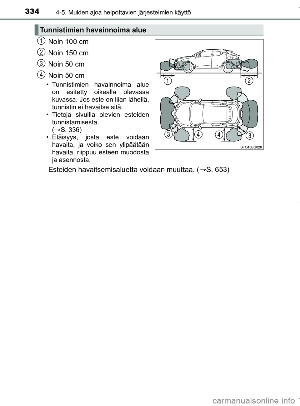 TOYOTA C_HR HYBRID 2016 Omistajan Käsikirja (in Finnish) 3344-5. Muiden ajoa helpottavien järjestelmien käyttö
C-HR_HV_OM_Europe_OM10538FI
Noin 100 cm
Noin 150 cm
Noin 50 cm
Noin 50 cm
• Tunnistimien havainnoima alueon esitetty oikealla olevassa
kuvass TOYOTA C_HR HYBRID 2016 Omistajan Käsikirja (in Finnish) 3344-5. Muiden ajoa helpottavien järjestelmien käyttö
C-HR_HV_OM_Europe_OM10538FI
Noin 100 cm
Noin 150 cm
Noin 50 cm
Noin 50 cm
• Tunnistimien havainnoima alueon esitetty oikealla olevassa
kuvass
