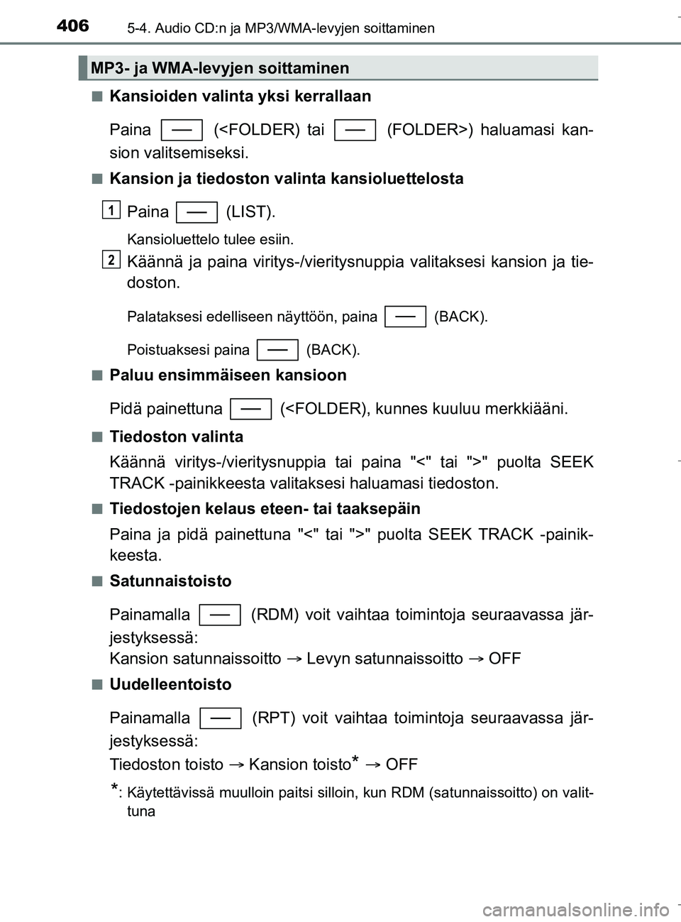 TOYOTA C_HR HYBRID 2016 Omistajan Käsikirja (in Finnish) 4065-4. Audio CD:n ja MP3/WMA-levyjen soittaminen
C-HR_HV_OM_Europe_OM10538FIn
Kansioiden valinta yksi kerrallaan
Paina (<FOLDER) tai (FOLDER>) haluamasi kan-
sion valitsemiseksi.
nKansion ja tied TOYOTA C_HR HYBRID 2016 Omistajan Käsikirja (in Finnish) 4065-4. Audio CD:n ja MP3/WMA-levyjen soittaminen
C-HR_HV_OM_Europe_OM10538FIn
Kansioiden valinta yksi kerrallaan
Paina (<FOLDER) tai (FOLDER>) haluamasi kan-
sion valitsemiseksi.
nKansion ja tied