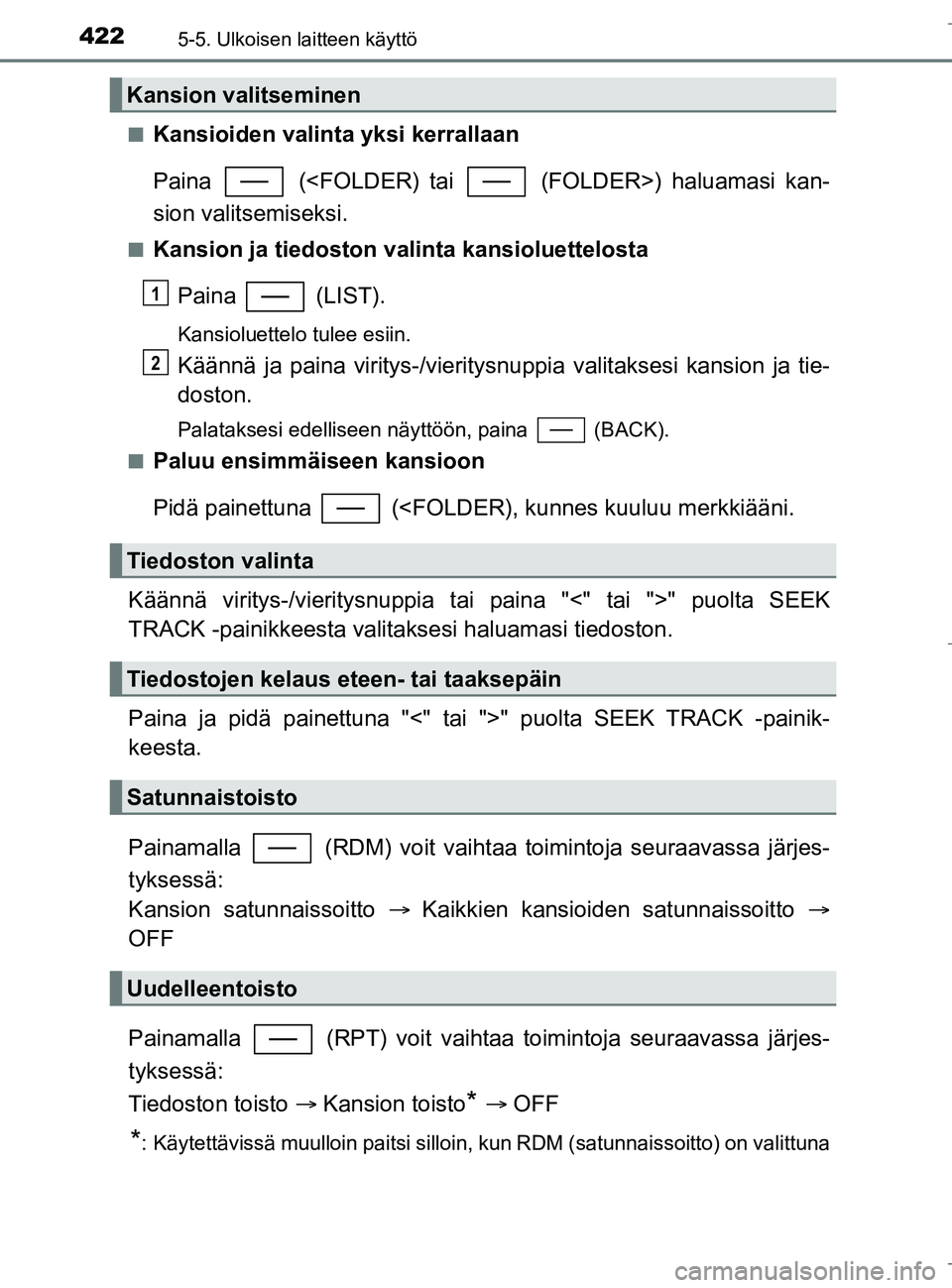 TOYOTA C_HR HYBRID 2016  Omistajan Käsikirja (in Finnish) 4225-5. Ulkoisen laitteen käyttö
C-HR_HV_OM_Europe_OM10538FIn
Kansioiden valinta yksi kerrallaan
Paina   (<FOLDER) tai   (FOLDER>) haluamasi kan-
sion valitsemiseksi.
nKansion ja tiedoston valinta k