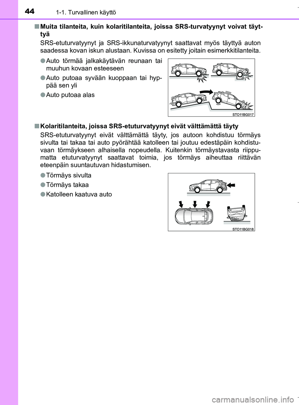 TOYOTA C_HR HYBRID 2016  Omistajan Käsikirja (in Finnish) 441-1. Turvallinen käyttö
C-HR_HV_OM_Europe_OM10538FIn
Muita tilanteita, kuin kolaritilanteita, joissa SRS-turvatyyn yt voivat täyt-
tyä
SRS-etuturvatyynyt ja SRS-ikkunaturvatyynyt saattavat myös