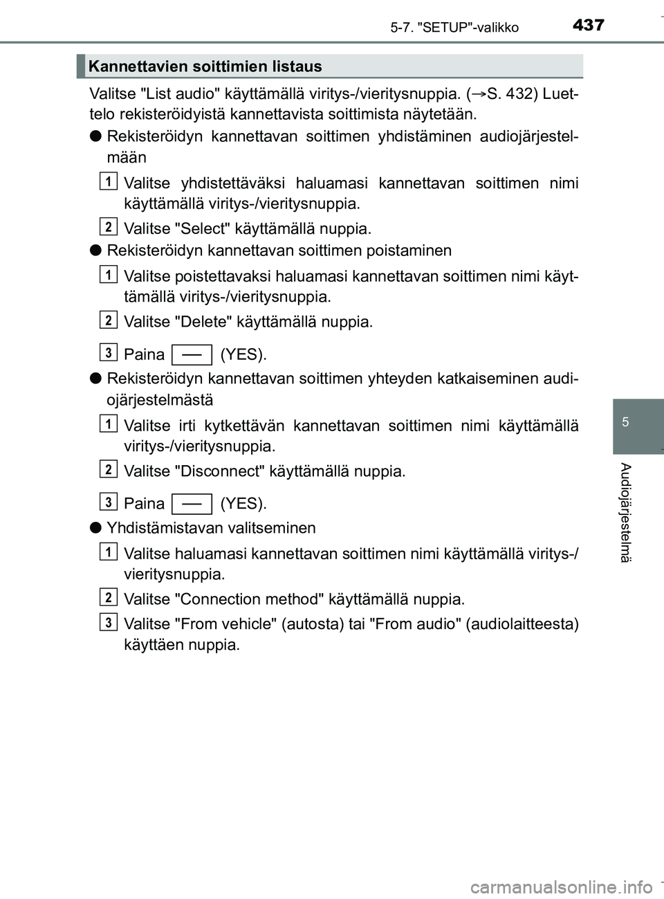 TOYOTA C_HR HYBRID 2016  Omistajan Käsikirja (in Finnish) 4375-7. "SETUP"-valikko
5
Audiojärjestelmä
C-HR_HV_OM_Europe_OM10538FI
Valitse "List audio" käyttämällä viritys-/vieritysnuppia. (S. 432) Luet-
telo rekisteröidyistä kannet tavista soittimi