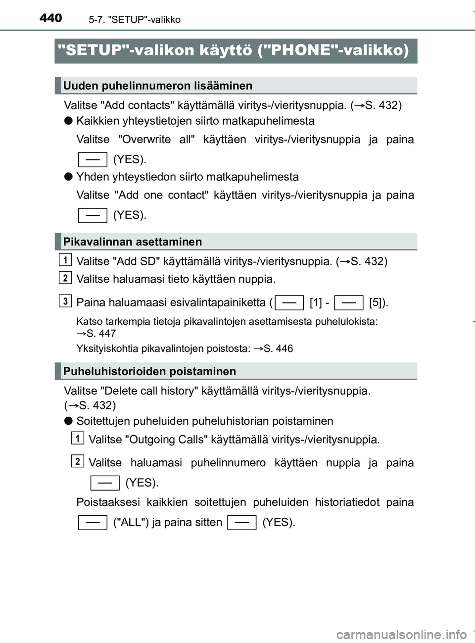 TOYOTA C_HR HYBRID 2016  Omistajan Käsikirja (in Finnish) 4405-7. "SETUP"-valikko
C-HR_HV_OM_Europe_OM10538FI
"SETUP"-valikon käyttö ("PHONE"-valikko)
Valitse "Add contacts" käyttämällä  viritys-/vieritysnuppia. (S. 432)
l Kaikkien yhteystietojen si
