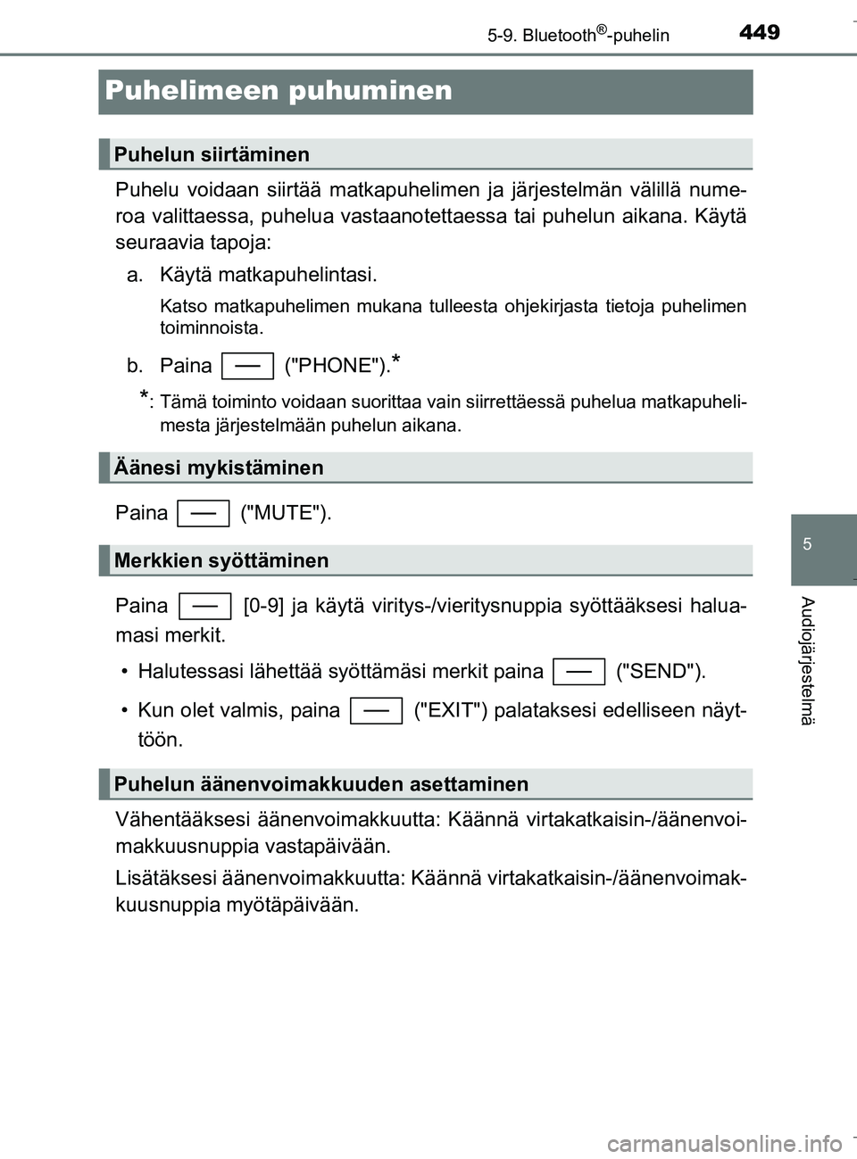 TOYOTA C_HR HYBRID 2016 Omistajan Käsikirja (in Finnish) 449
5
5-9. Bluetooth®-puhelin
Audiojärjestelmä
C-HR_HV_OM_Europe_OM10538FI
Puhelimeen puhuminen
Puhelu voidaan siirtää matkapuhelimen ja järjestelmän välillä nume-
roa valittaessa, puhelua va TOYOTA C_HR HYBRID 2016 Omistajan Käsikirja (in Finnish) 449
5
5-9. Bluetooth®-puhelin
Audiojärjestelmä
C-HR_HV_OM_Europe_OM10538FI
Puhelimeen puhuminen
Puhelu voidaan siirtää matkapuhelimen ja järjestelmän välillä nume-
roa valittaessa, puhelua va