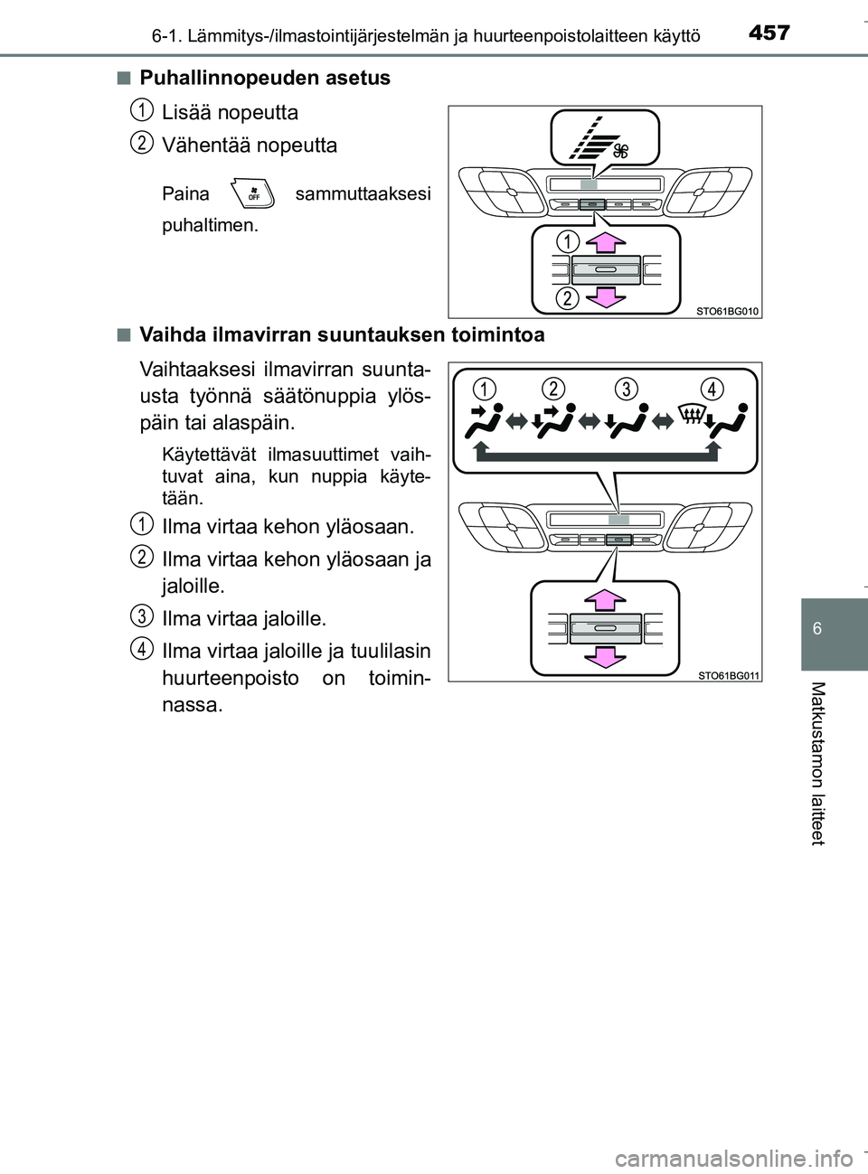 TOYOTA C_HR HYBRID 2016 Omistajan Käsikirja (in Finnish) 4576-1. Lämmitys-/ilmastointijärjestelmän ja huurteenpoistolaitteen käyttö
C-HR_HV_OM_Europe_OM10538FI
6
Matkustamon laitteet
nPuhallinnopeuden asetus
Lisää nopeutta
Vähentää nopeutta
Paina TOYOTA C_HR HYBRID 2016 Omistajan Käsikirja (in Finnish) 4576-1. Lämmitys-/ilmastointijärjestelmän ja huurteenpoistolaitteen käyttö
C-HR_HV_OM_Europe_OM10538FI
6
Matkustamon laitteet
nPuhallinnopeuden asetus
Lisää nopeutta
Vähentää nopeutta
Paina