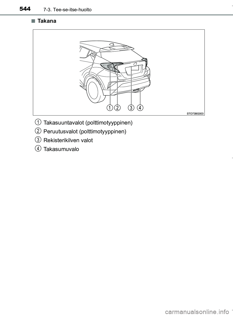 TOYOTA C_HR HYBRID 2016  Omistajan Käsikirja (in Finnish) 5447-3. Tee-se-itse-huolto
C-HR_HV_OM_Europe_OM10538FIn
Ta k a n a
Takasuuntavalot (polttimotyyppinen)
Peruutusvalot (polttimotyyppinen)
Rekisterikilven valot
Takasumuvalo1
2
3
4
OM10538FI.book  Page 