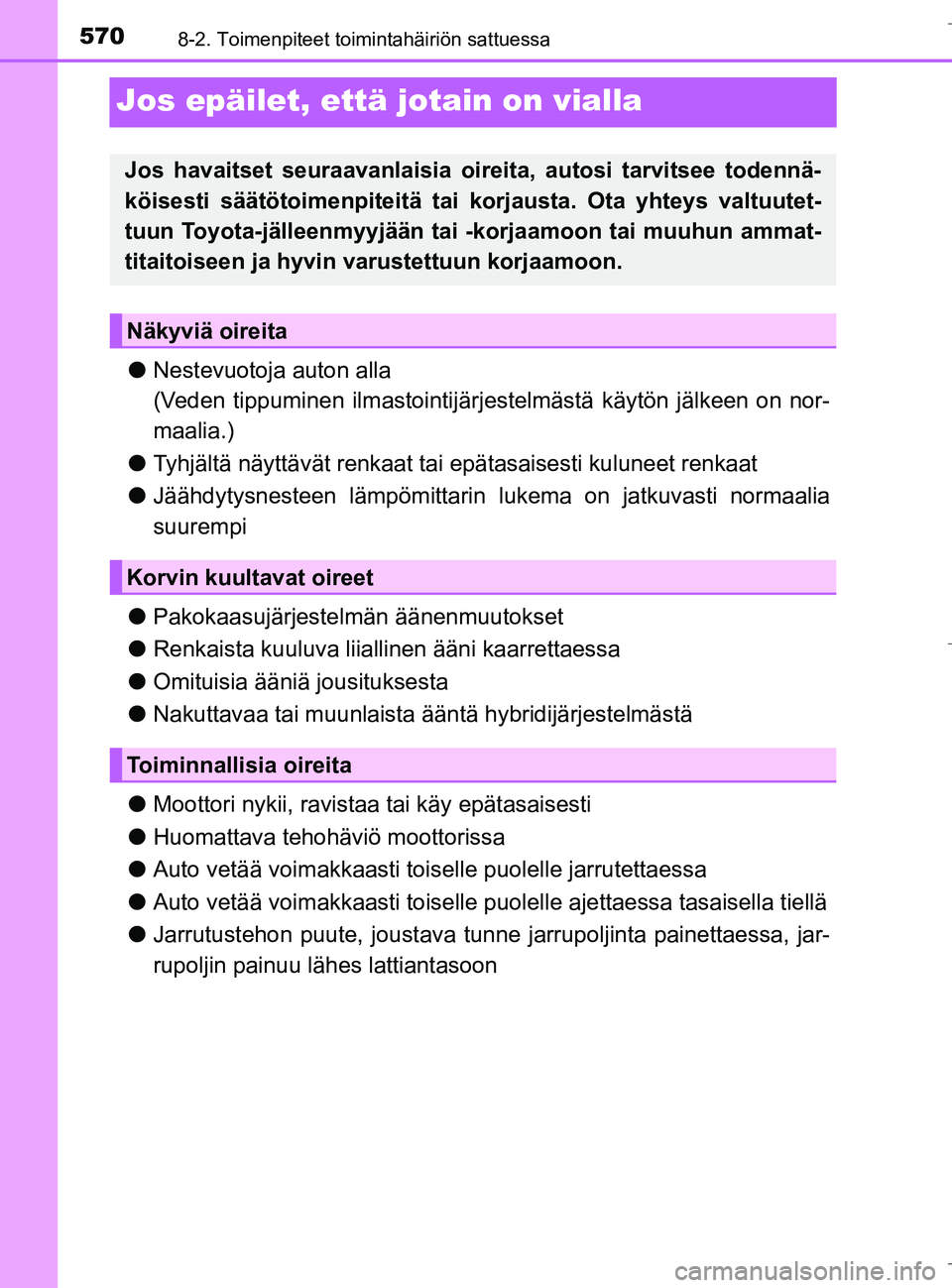TOYOTA C_HR HYBRID 2016 Omistajan Käsikirja (in Finnish) 5708-2. Toimenpiteet toimintahäiriön sattuessa
C-HR_HV_OM_Europe_OM10538FI
Jos epäilet, että jotain on vialla
lNestevuotoja auton alla
(Veden tippuminen ilmastointijärj estelmästä käytön jäl TOYOTA C_HR HYBRID 2016 Omistajan Käsikirja (in Finnish) 5708-2. Toimenpiteet toimintahäiriön sattuessa
C-HR_HV_OM_Europe_OM10538FI
Jos epäilet, että jotain on vialla
lNestevuotoja auton alla
(Veden tippuminen ilmastointijärj estelmästä käytön jäl