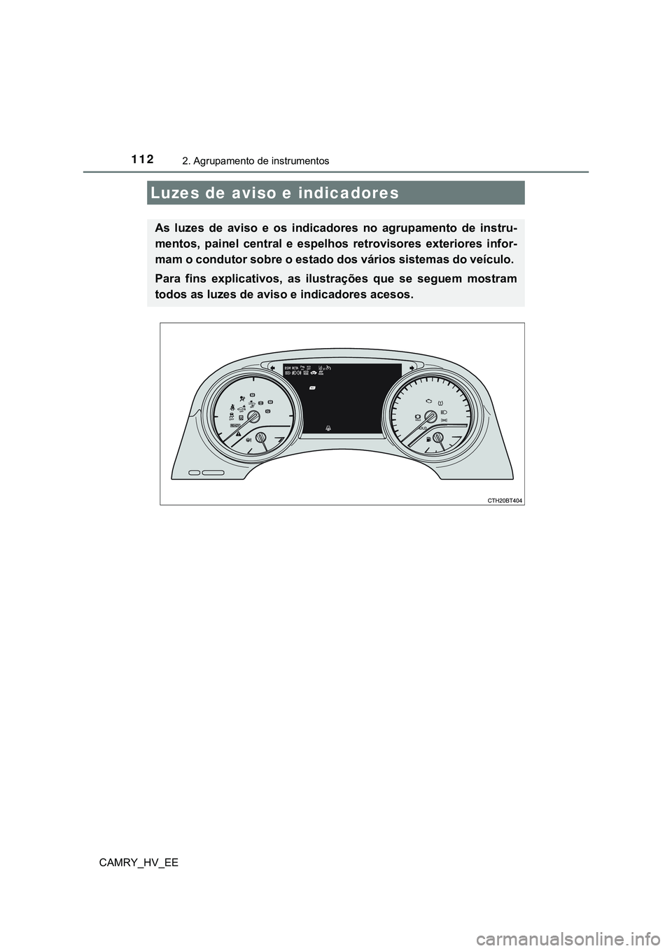 TOYOTA CAMRY 2023  Manual de utilização (in Portuguese) 112
CAMRY_HV_EE
2. Agrupamento de instrumentos
Luzes de aviso e indicadores
As  luzes  de  aviso  e  os  indicadores  no  agrupamento  de  instru-
mentos,  painel  central  e  espelhos  retrovisores  