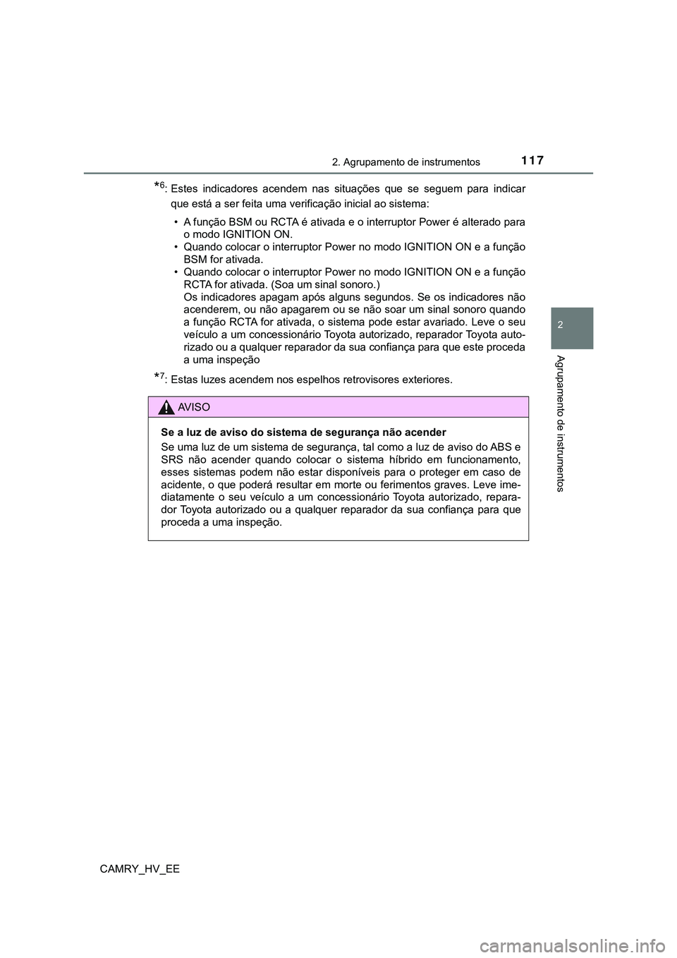 TOYOTA CAMRY 2023  Manual de utilização (in Portuguese) 1172. Agrupamento de instrumentos
CAMRY_HV_EE
2
Agrupamento de instrumentos
*6: Estes  indicadores  acendem  nas  situações  que  se  seguem  para  indicar
que está a ser feita uma verificação in