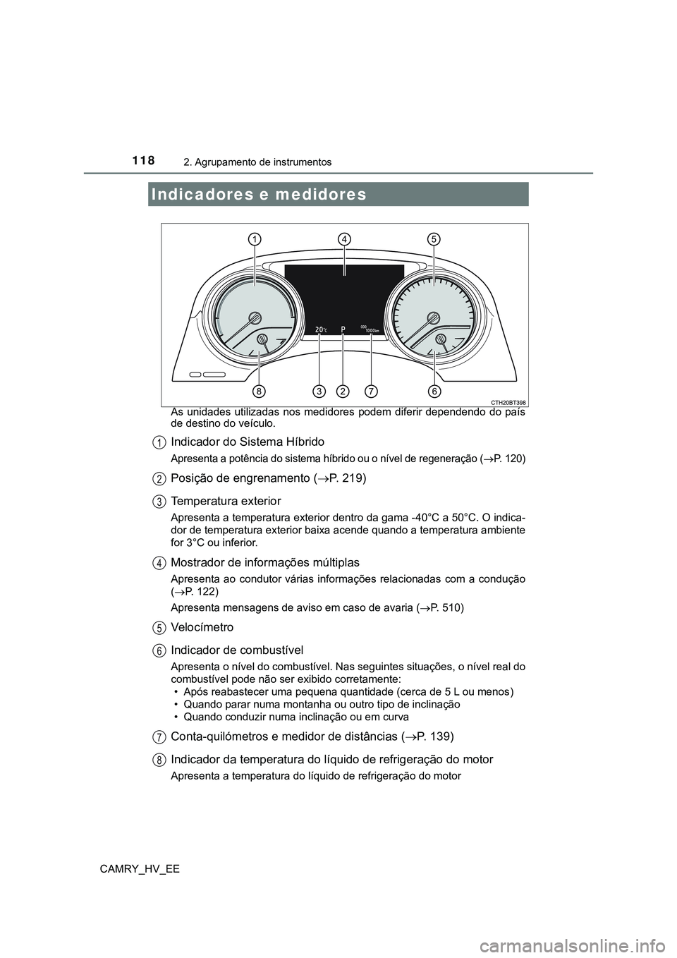 TOYOTA CAMRY 2023  Manual de utilização (in Portuguese) 1182. Agrupamento de instrumentos
CAMRY_HV_EEAs  unidades  utilizadas  nos  medidores  podem  diferir  dependendo  do  país
de destino do veículo.
Indicador do Sistema Híbrido
Apresenta a potência